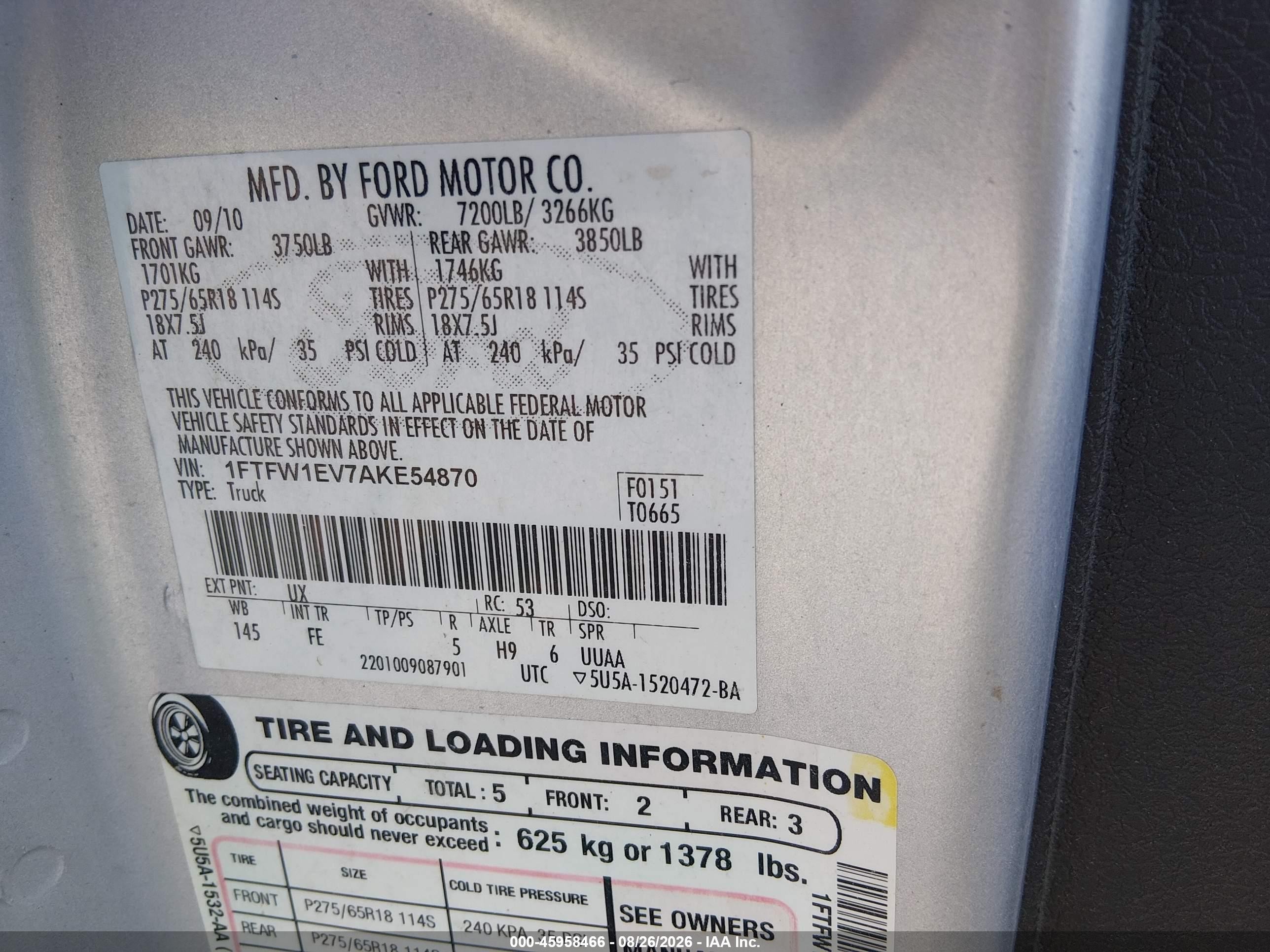 2010 Ford F-150 Fx4/harley-davidson/king Ranch/lariat/platinum/xl/xlt Серебряный vin: 1FTFW1EV7AKE54870
