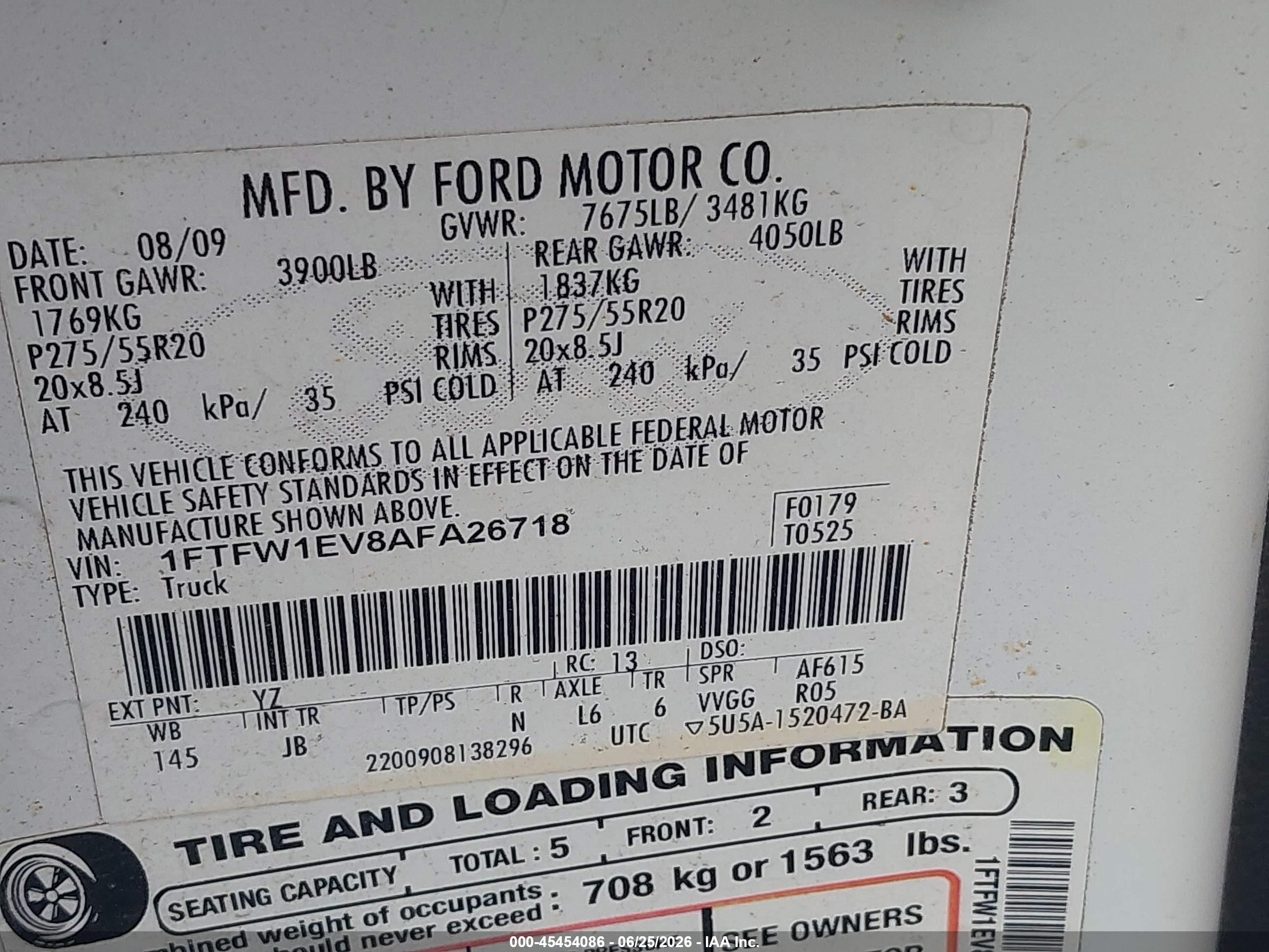 2010 Ford F-150 Fx4/harley-davidson/king Ranch/lariat/platinum/xl/xlt White vin: 1FTFW1EV8AFA26718