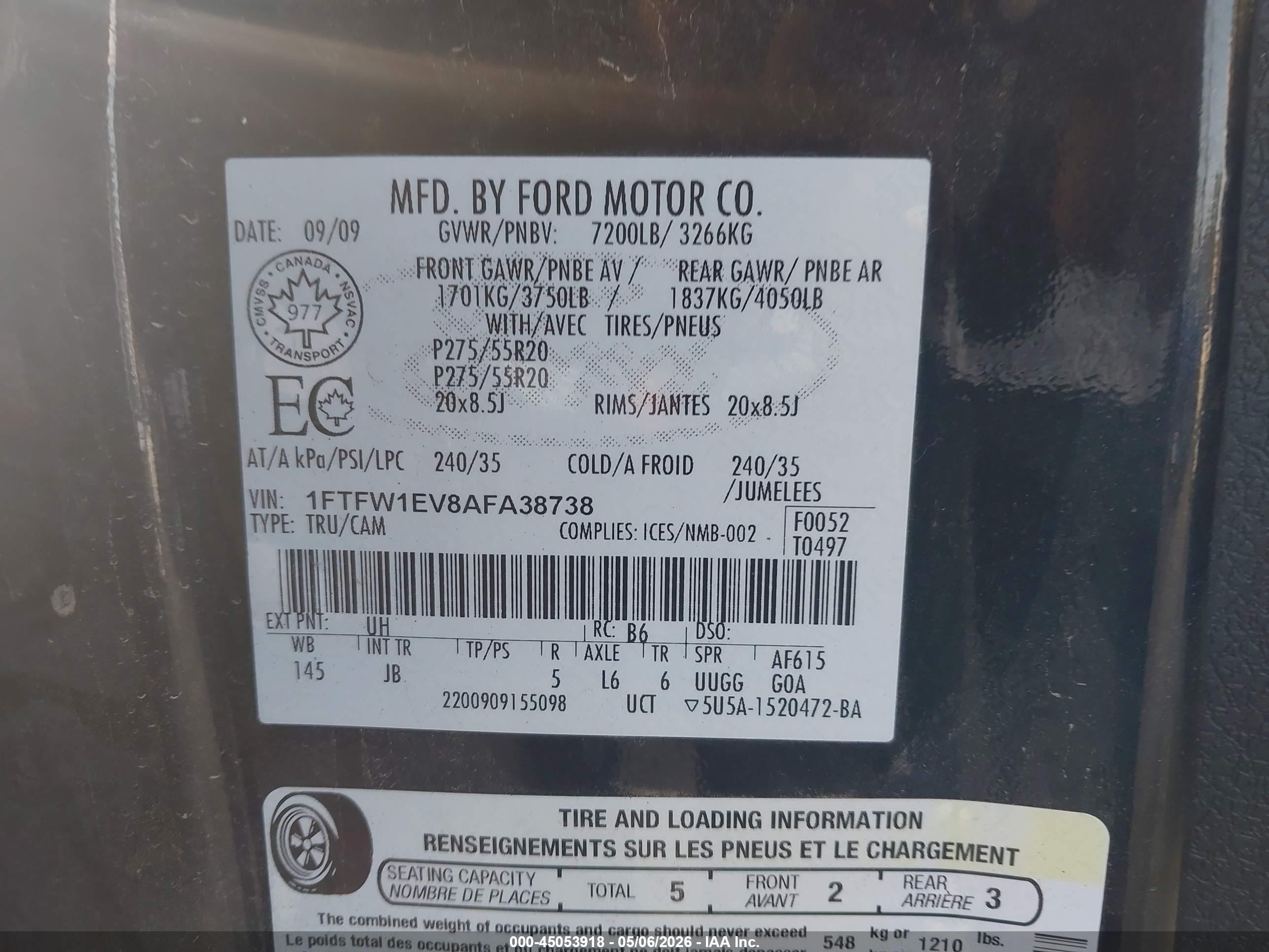 2010 Ford F-150 Fx4 Black vin: 1FTFW1EV8AFA38738