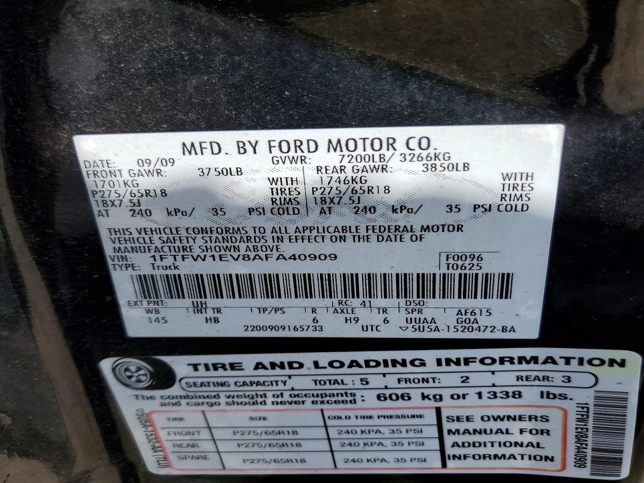 2010 Ford F150 Supercrew Black vin: 1FTFW1EV8AFA40909