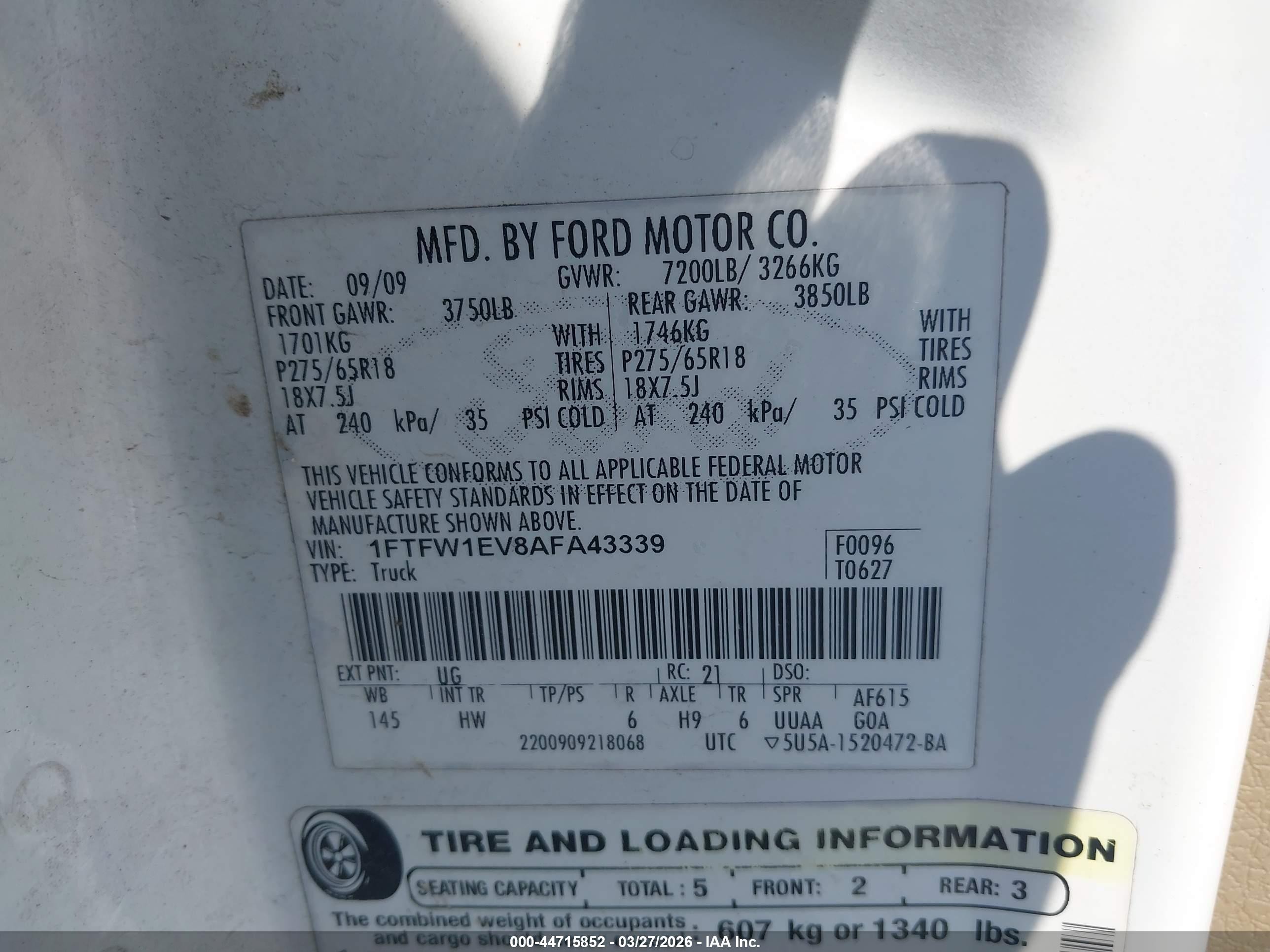 2010 Ford F-150 Fx4/harley-davidson/king Ranch/lariat/platinum/xl/xlt White vin: 1FTFW1EV8AFA43339