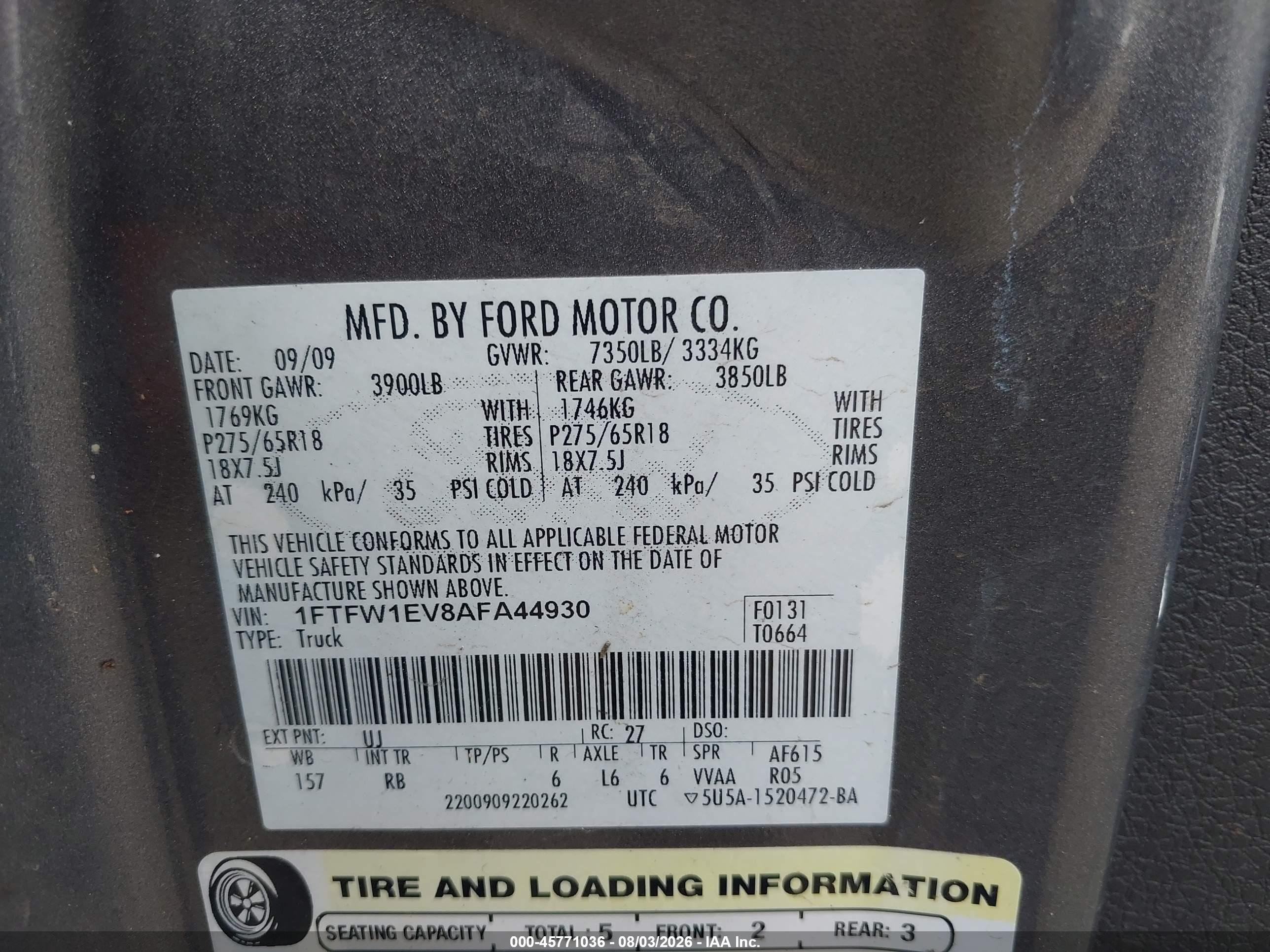 2010 Ford F-150 Fx4/harley-davidson/king Ranch/lariat/platinum/xl/xlt Gray vin: 1FTFW1EV8AFA44930