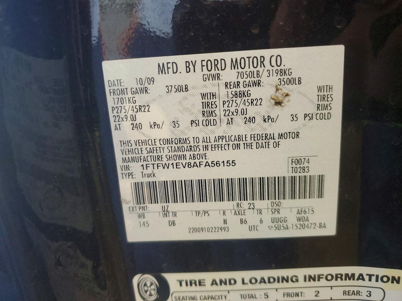 2010 Ford F150 Supercrew Black vin: 1FTFW1EV8AFA56155