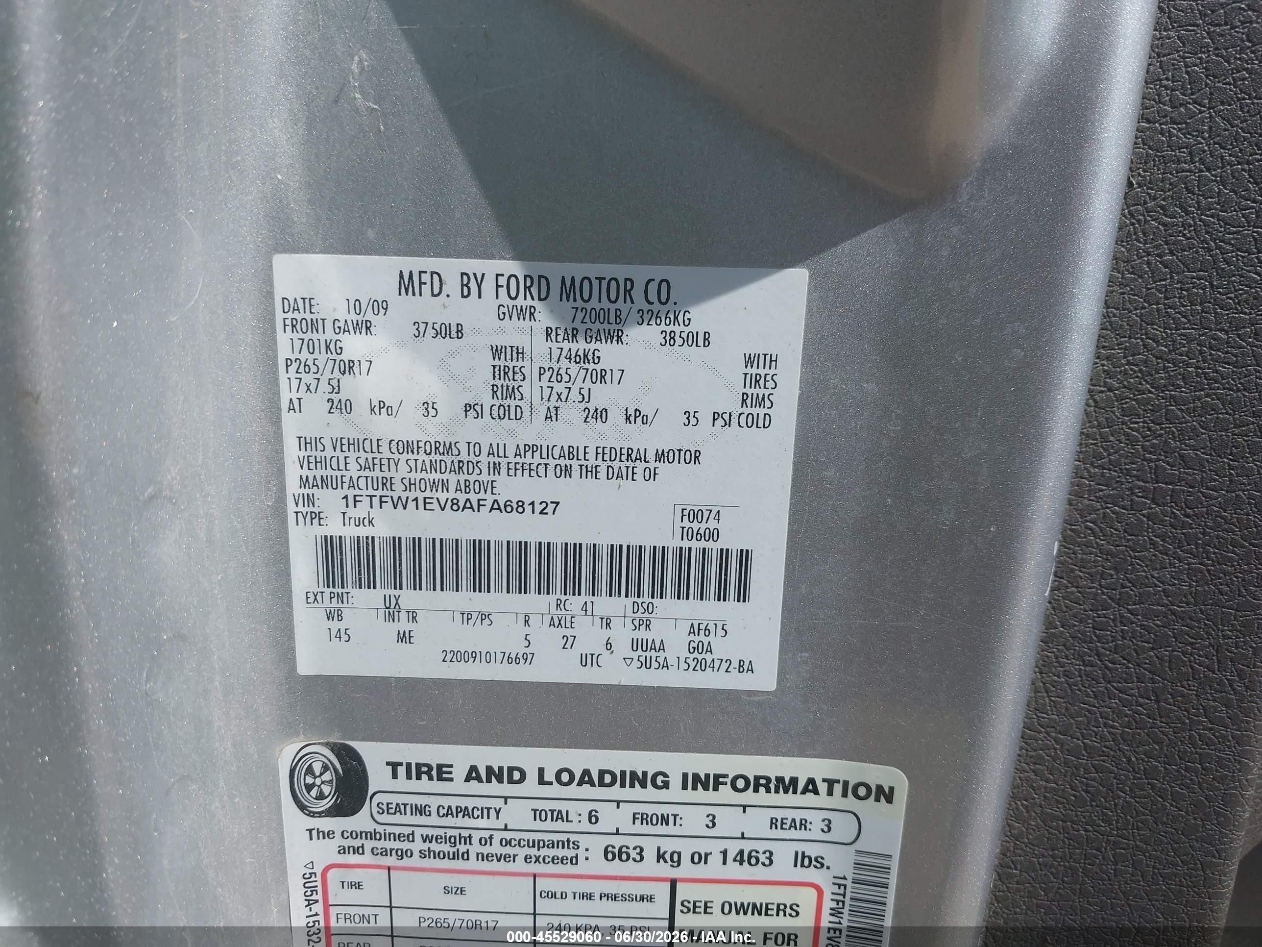 2010 Ford F-150 Fx4/harley-davidson/king Ranch/lariat/platinum/xl/xlt Silver vin: 1FTFW1EV8AFA68127