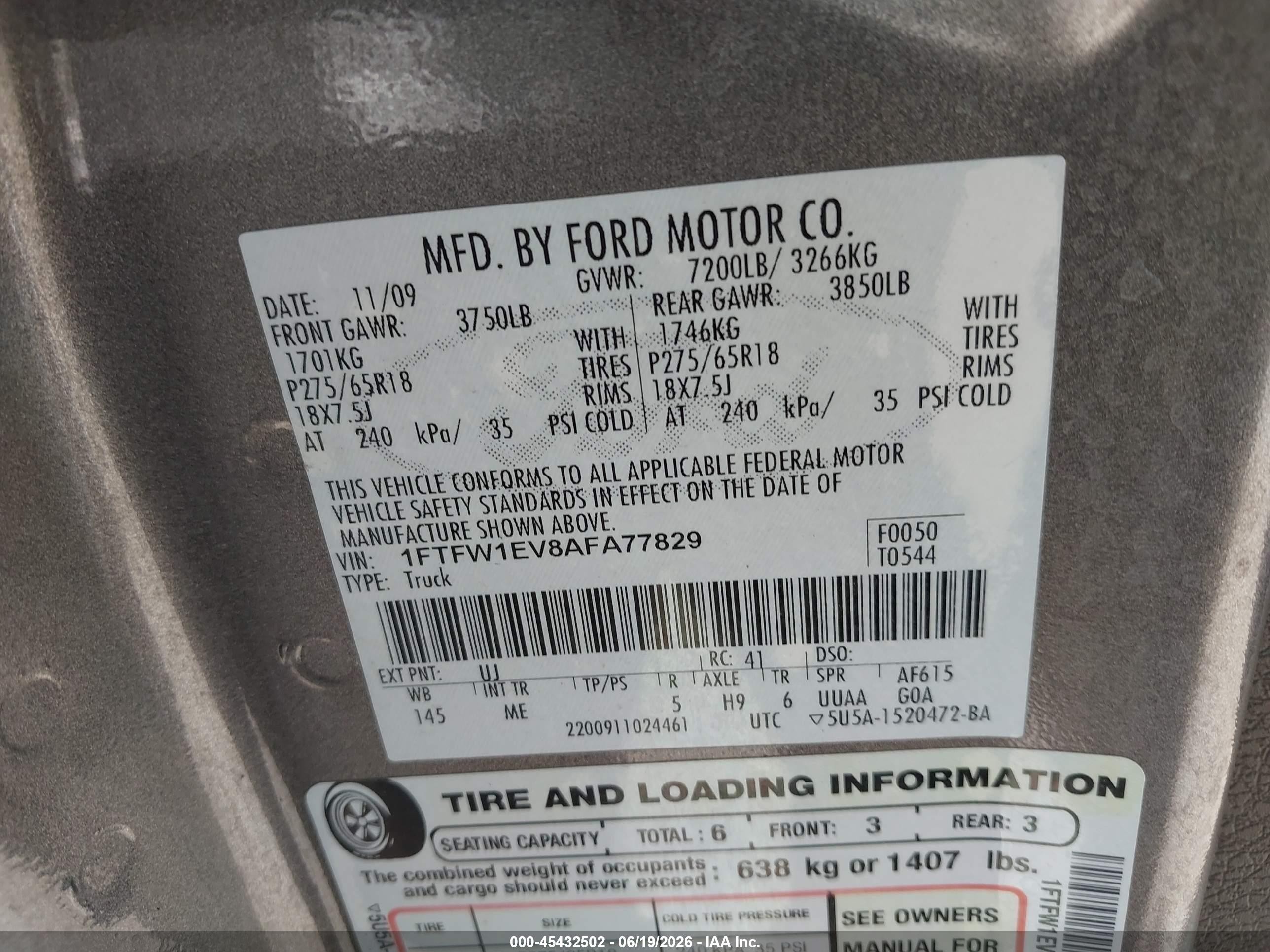 2010 Ford F-150 Fx4/harley-davidson/king Ranch/lariat/platinum/xl/xlt Gray vin: 1FTFW1EV8AFA77829