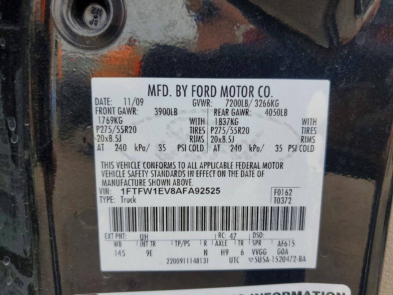 2010 Ford 150 Black vin: 1FTFW1EV8AFA92525