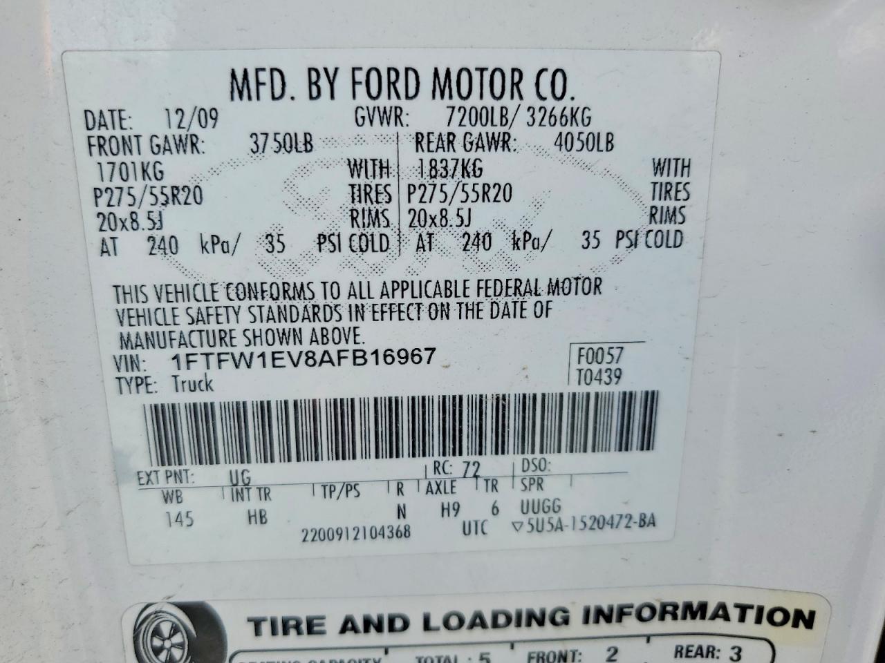 2010 Ford F150 Supercrew White vin: 1FTFW1EV8AFB16967