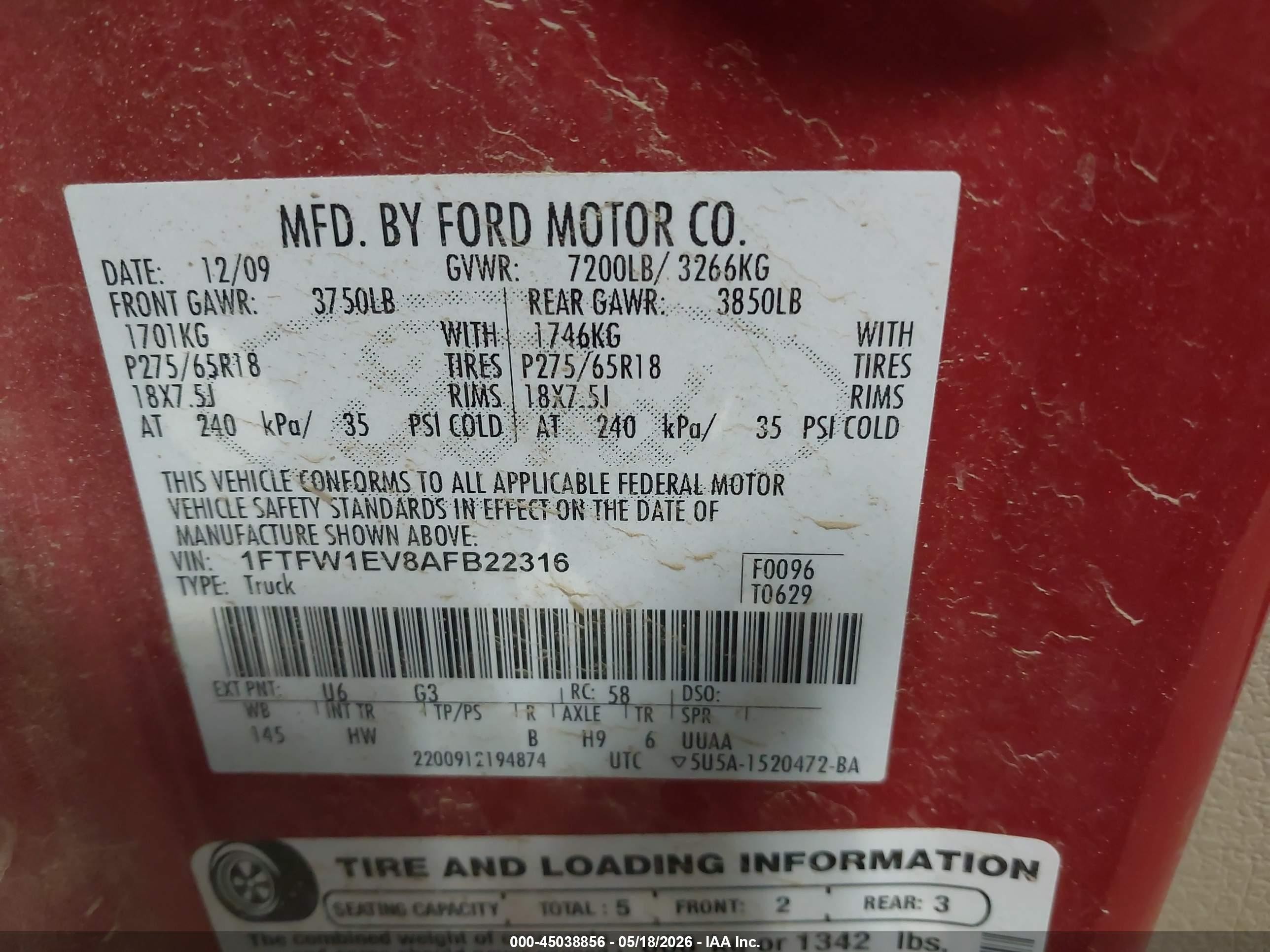 2010 Ford F-150 Fx4/harley-davidson/king Ranch/lariat/platinum/xl/xlt Red vin: 1FTFW1EV8AFB22316