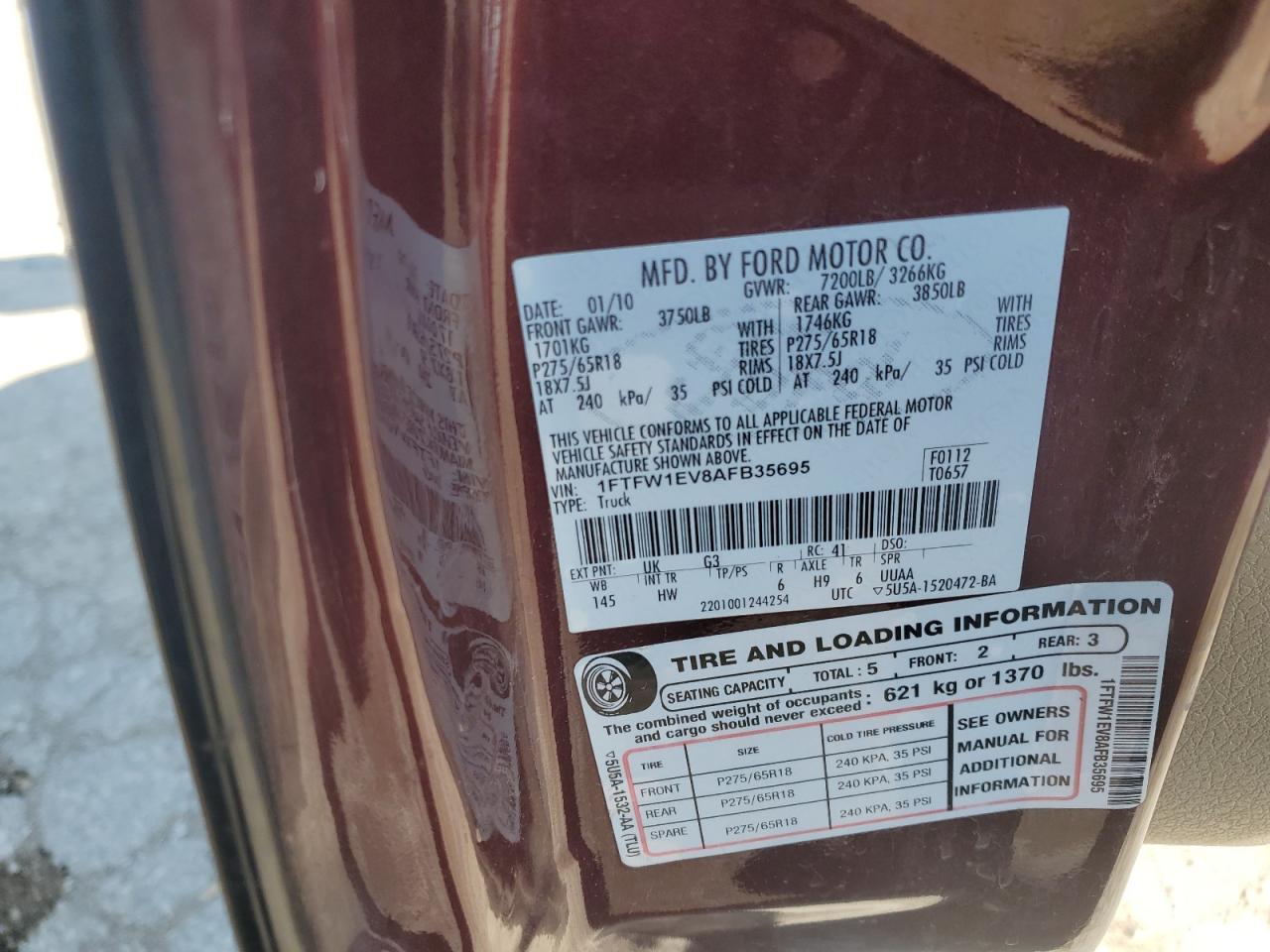 2010 Ford F150 Supercrew Maroon vin: 1FTFW1EV8AFB35695