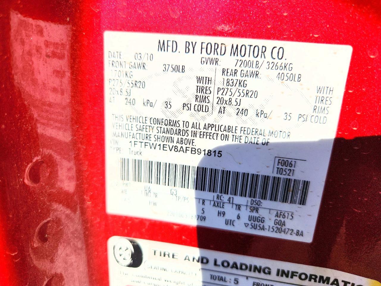 2010 Ford F150 Supercrew Red vin: 1FTFW1EV8AFB91815