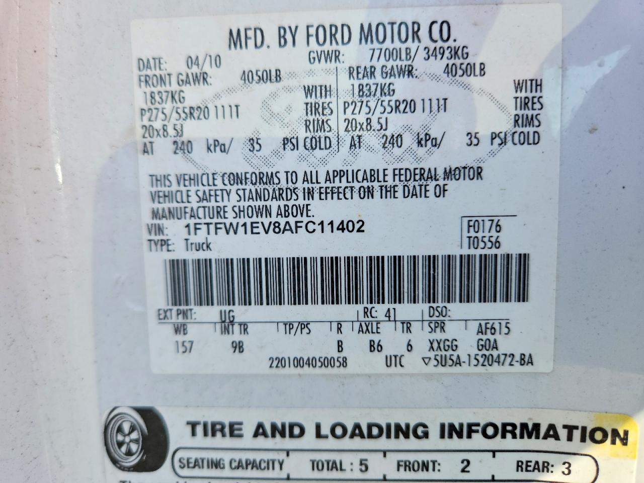 2010 Ford F150 Supercrew White vin: 1FTFW1EV8AFC11402