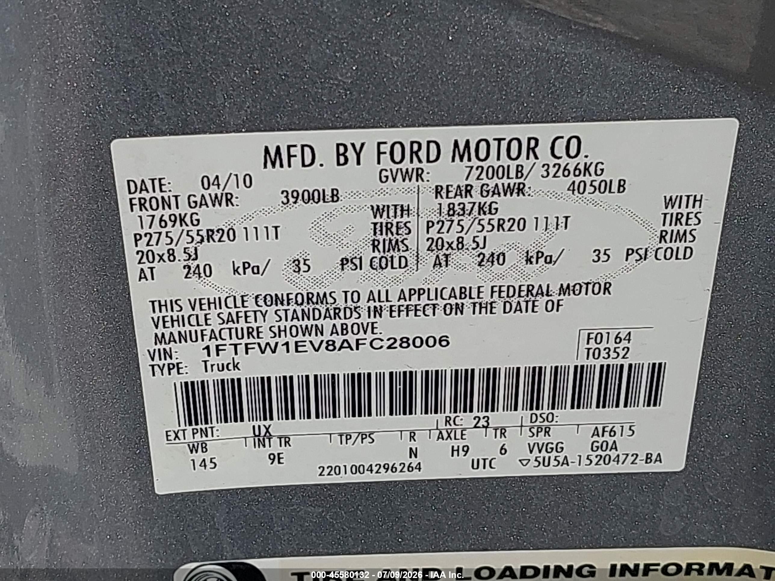 2010 Ford F-150 Fx4/harley-davidson/king Ranch/lariat/platinum/xl/xlt Silver vin: 1FTFW1EV8AFC28006