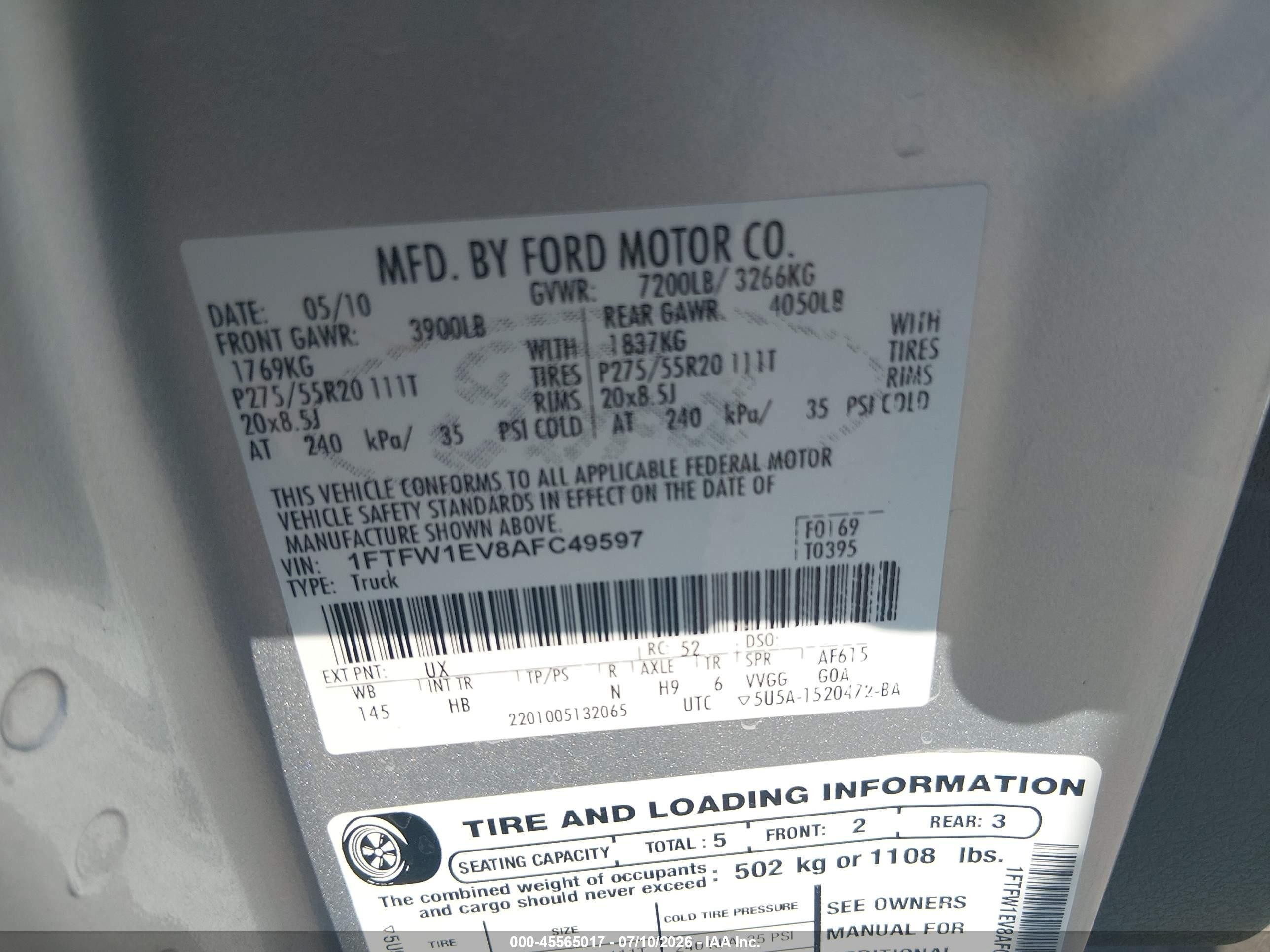 2010 Ford F-150 Fx4/harley-davidson/king Ranch/lariat/platinum/xl/xlt Silver vin: 1FTFW1EV8AFC49597