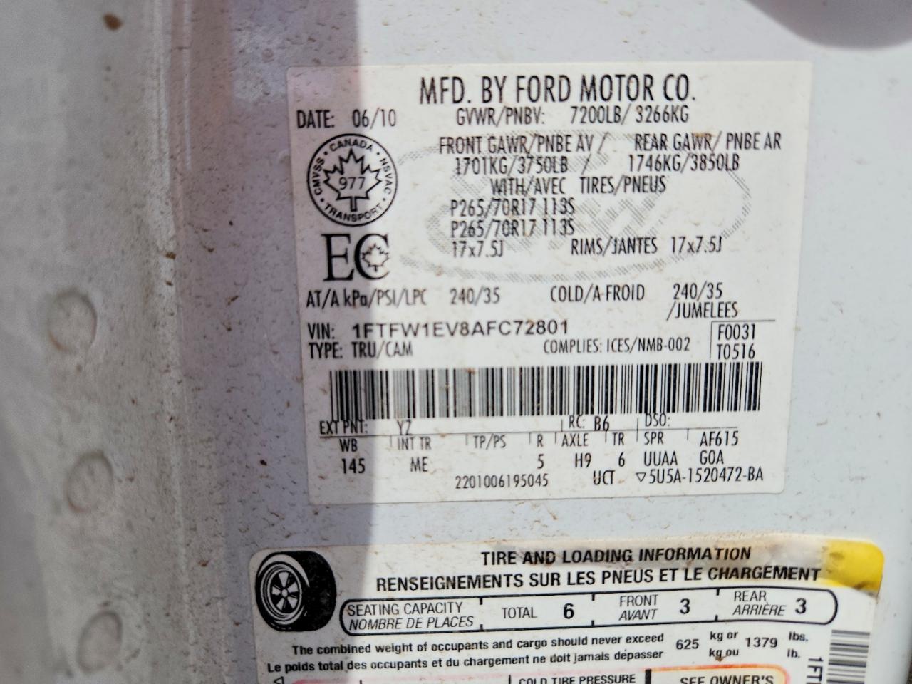 2010 Ford F150 Supercrew White vin: 1FTFW1EV8AFC72801
