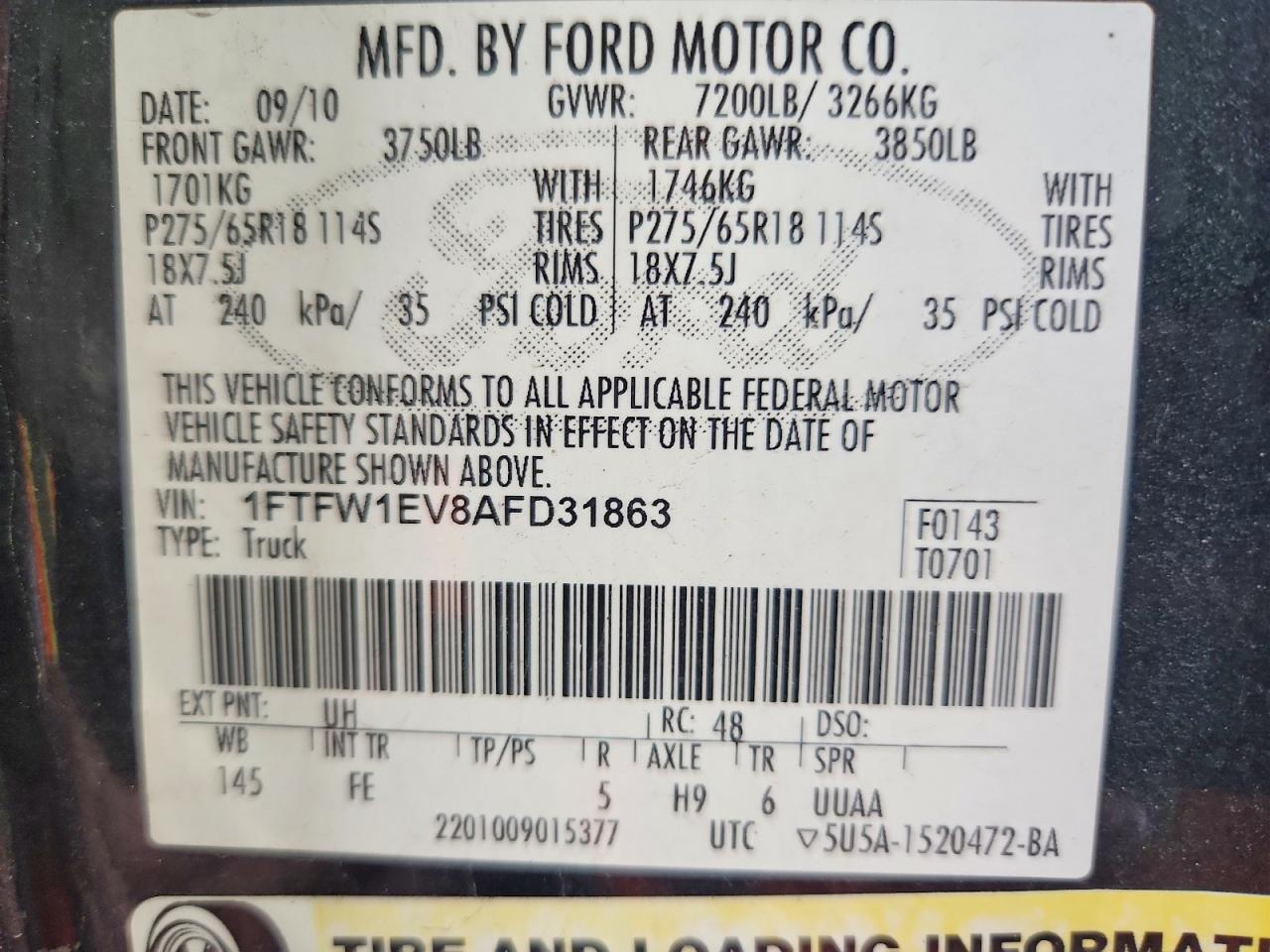 2010 Ford F150 Supercrew Black vin: 1FTFW1EV8AFD31863