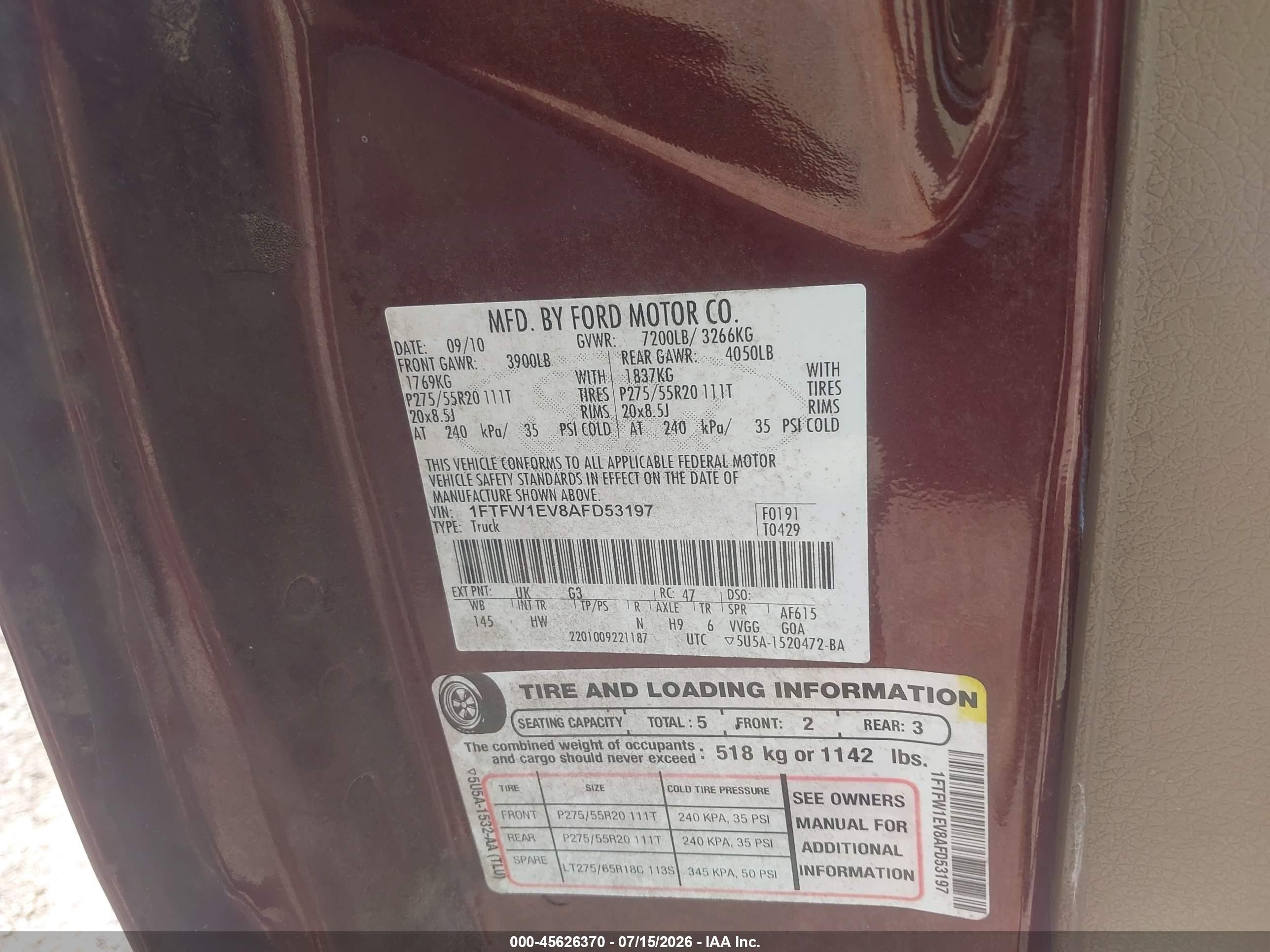 2010 Ford F150 Supercrew Red vin: 1FTFW1EV8AFD53197