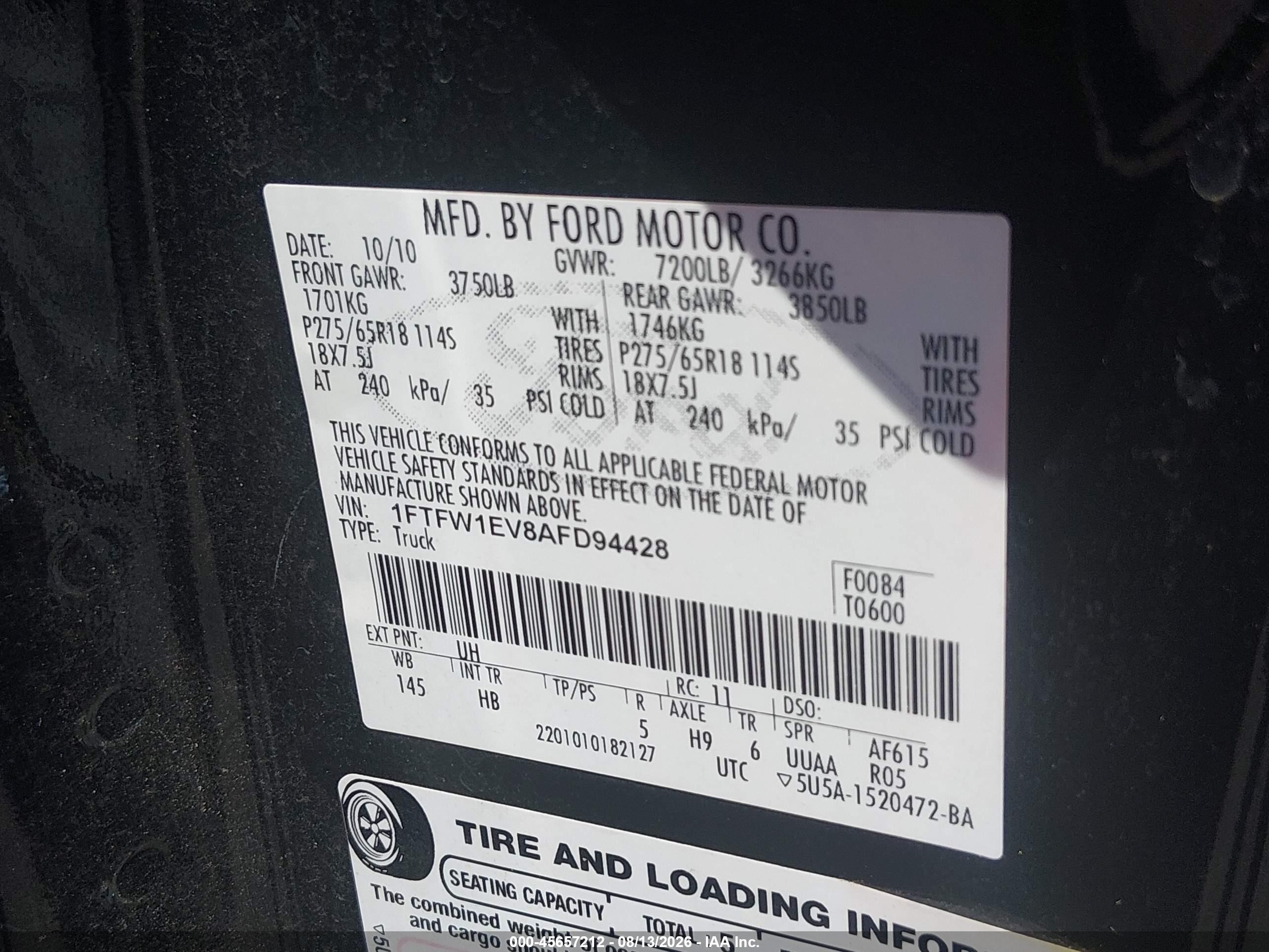 2010 Ford F-150 Fx4/harley-davidson/king Ranch/lariat/platinum/xl/xlt Черный vin: 1FTFW1EV8AFD94428