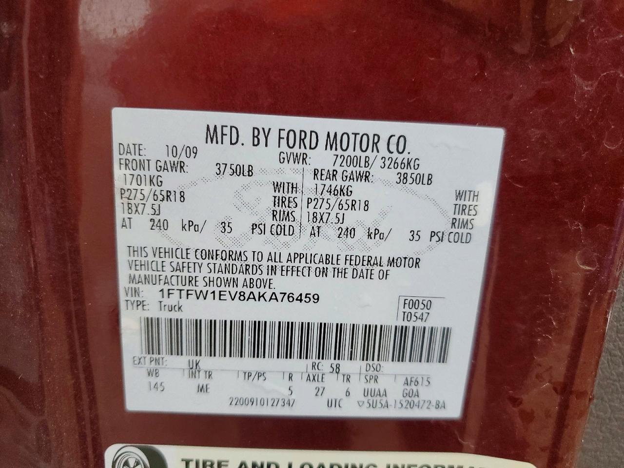 2010 Ford F150 Supercrew Maroon vin: 1FTFW1EV8AKA76459
