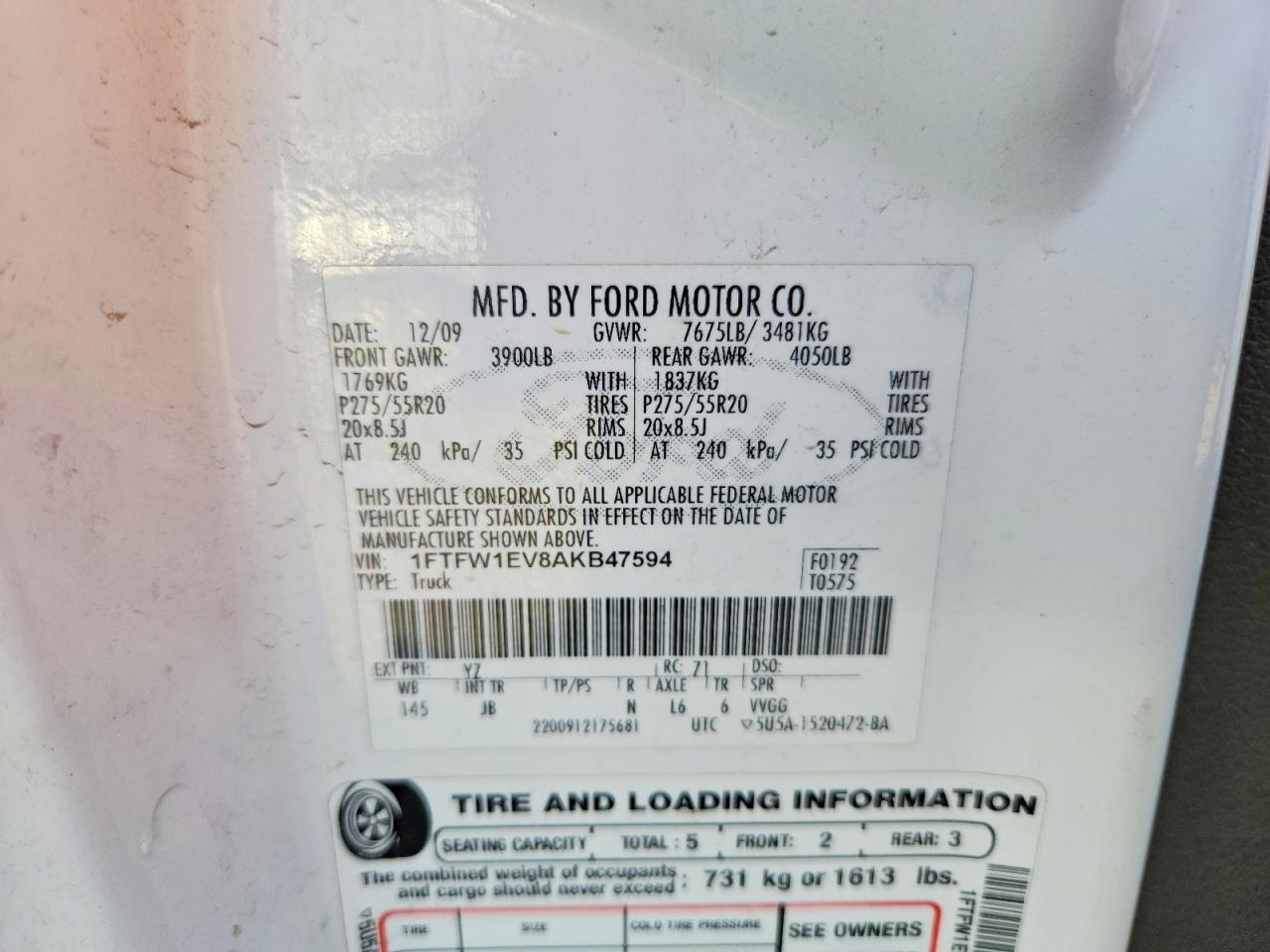 2010 Ford F150 Supercrew White vin: 1FTFW1EV8AKB47594