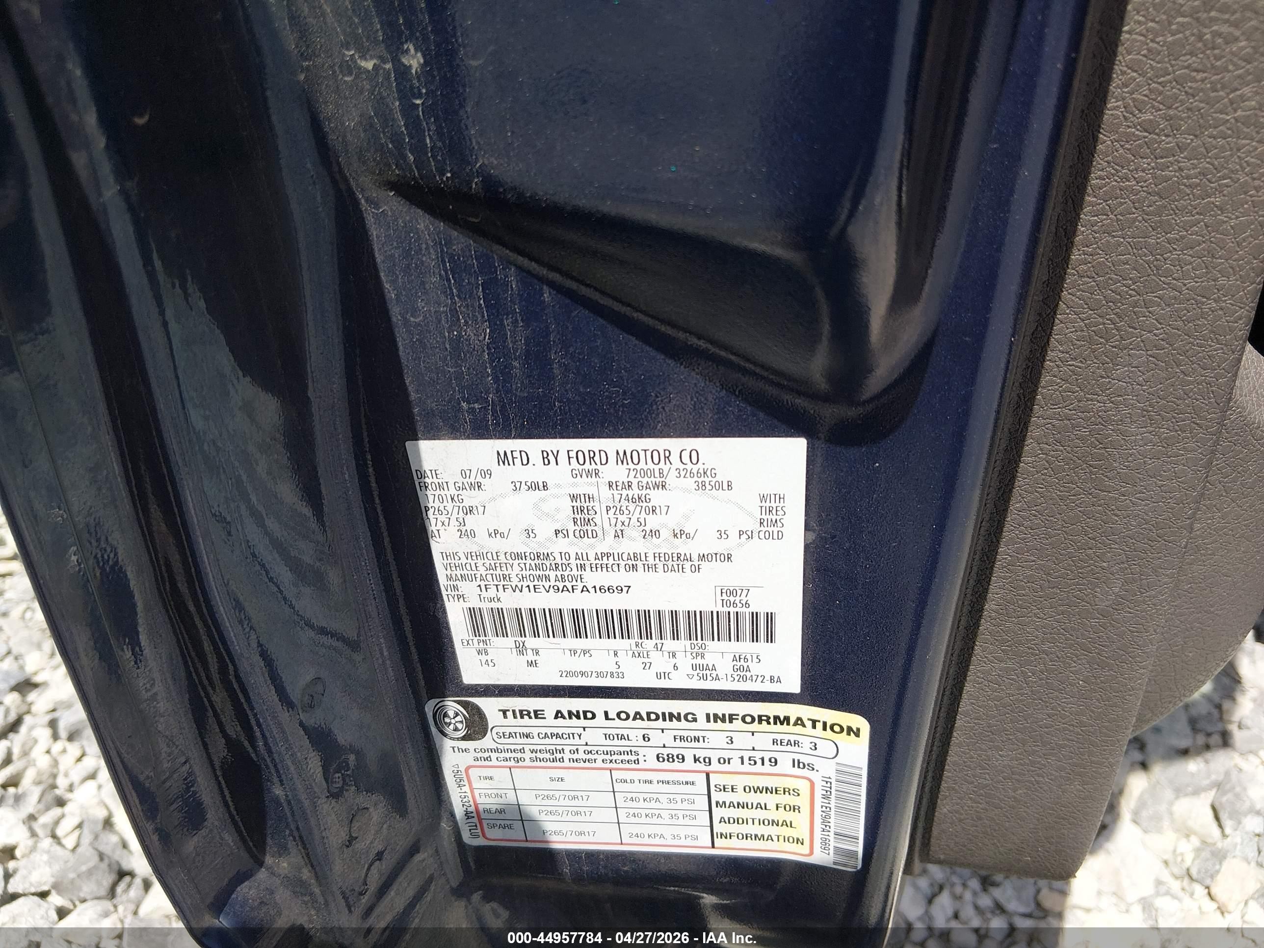2010 Ford F-150 Fx4/harley-davidson/king Ranch/lariat/platinum/xl/xlt Синий vin: 1FTFW1EV9AFA16697