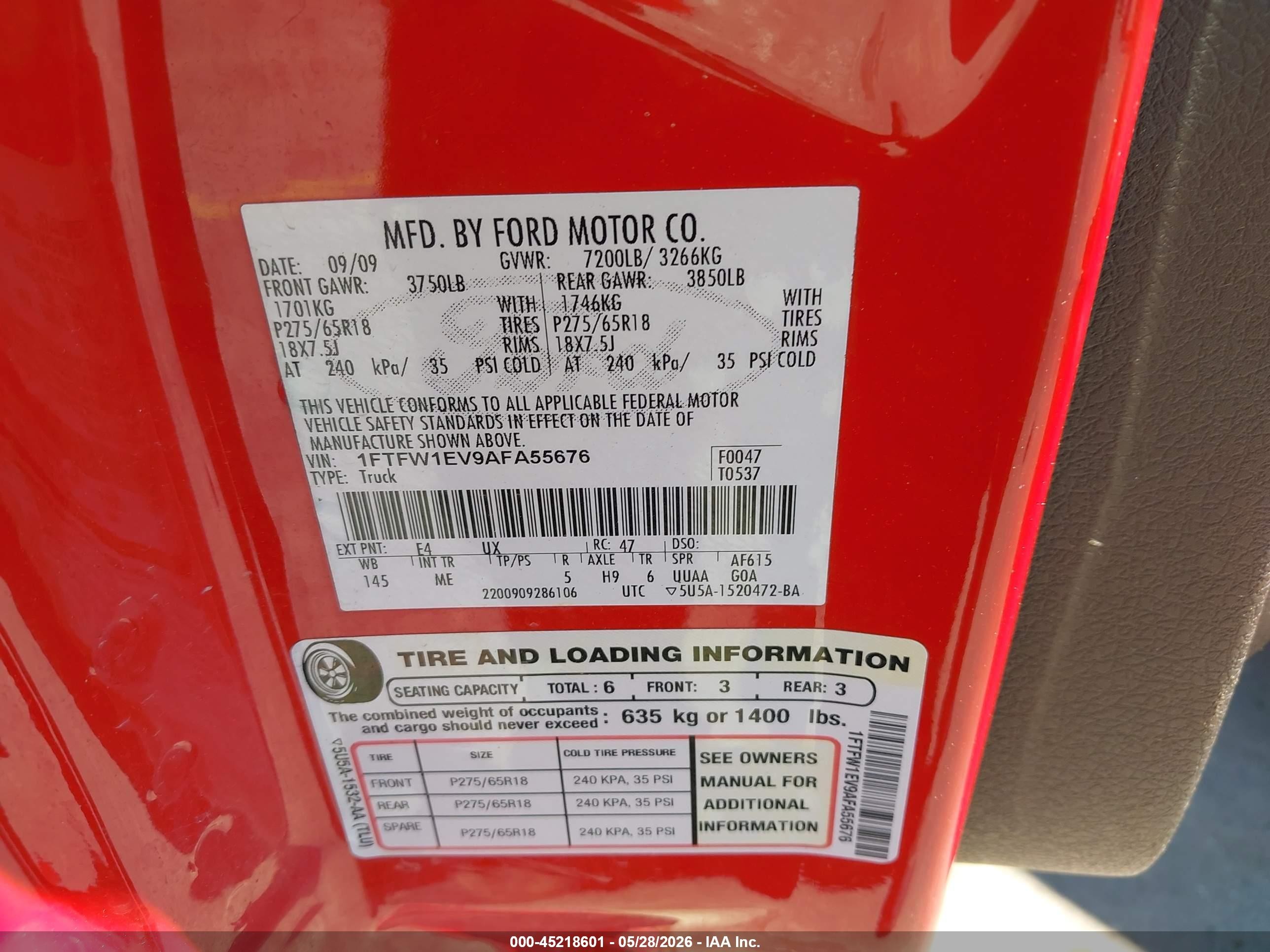 2010 Ford F-150 Fx4/harley-davidson/king Ranch/lariat/platinum/xl/xlt Red vin: 1FTFW1EV9AFA55676