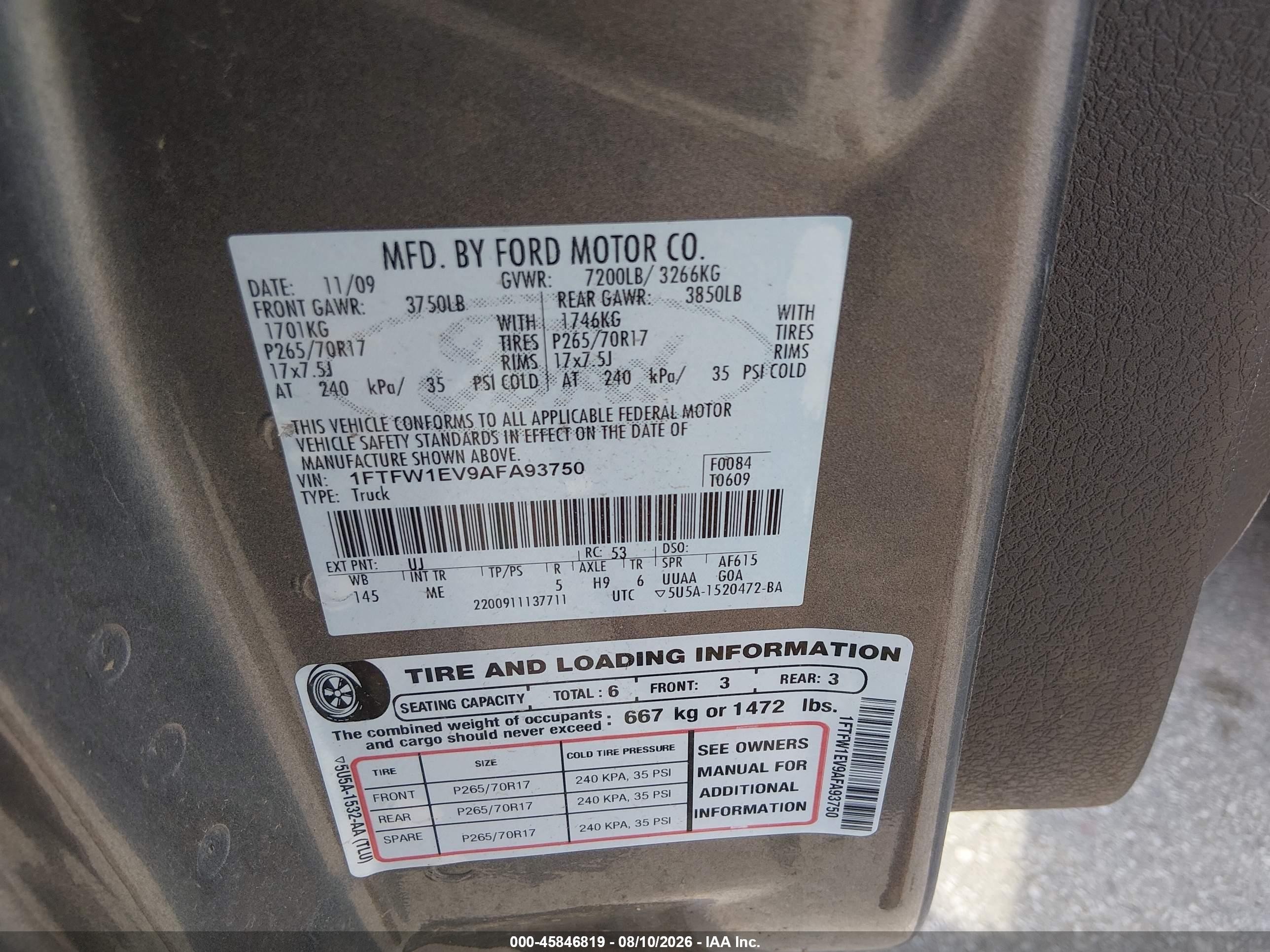 2010 Ford F-150   Gray vin: 1FTFW1EV9AFA93750