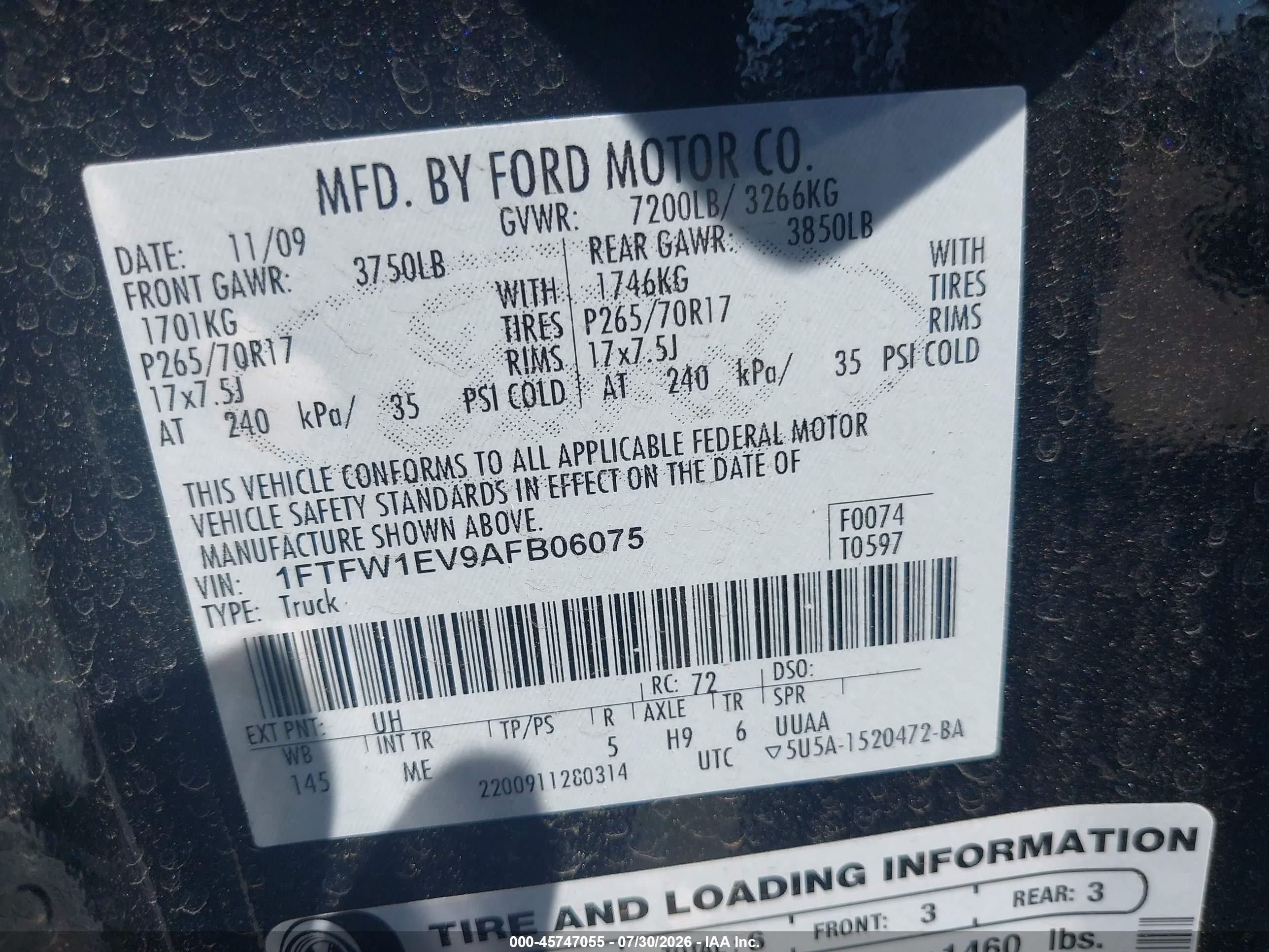 2010 Ford F-150 Fx4/harley-davidson/king Ranch/lariat/platinum/xl/xlt Black vin: 1FTFW1EV9AFB06075