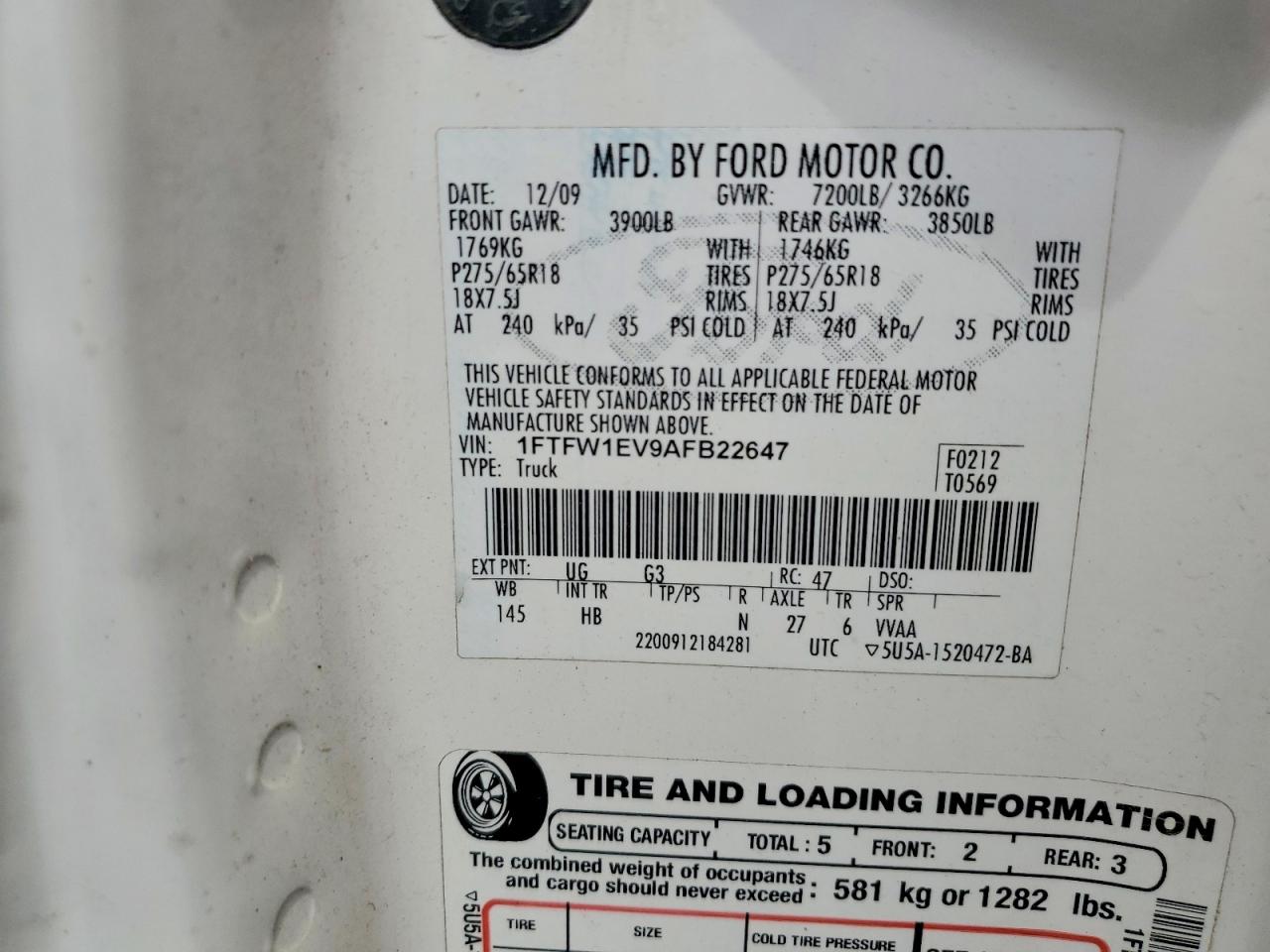 2010 Ford F150 Supercrew White vin: 1FTFW1EV9AFB22647