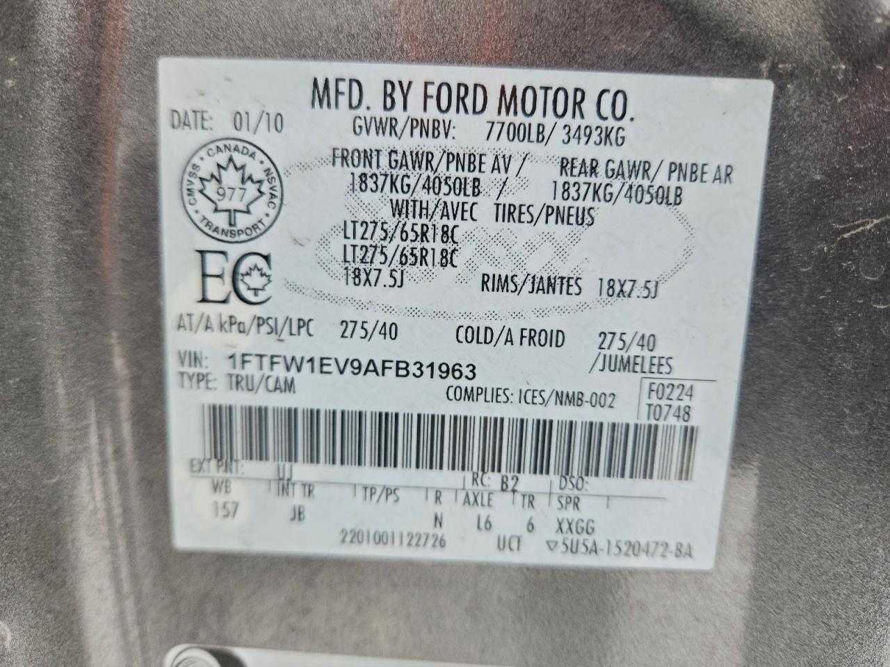 2010 Ford F150 Supercrew Gray vin: 1FTFW1EV9AFB31963