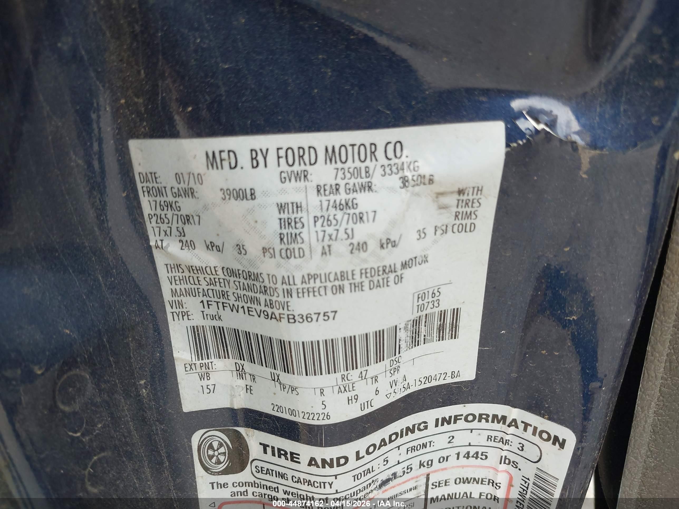 2010 Ford F-150 Fx4/harley-davidson/king Ranch/lariat/platinum/xl/xlt Blue vin: 1FTFW1EV9AFB36757