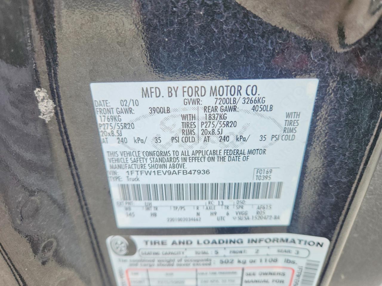 2010 Ford F150 Supercrew Black vin: 1FTFW1EV9AFB47936