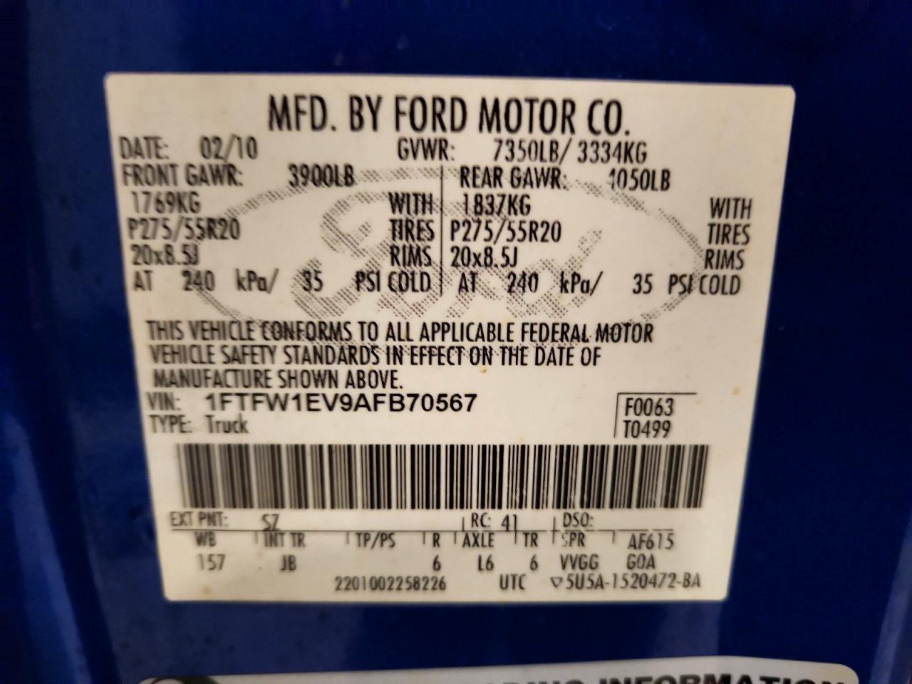 2010 Ford F150 Supercrew Blue vin: 1FTFW1EV9AFB70567