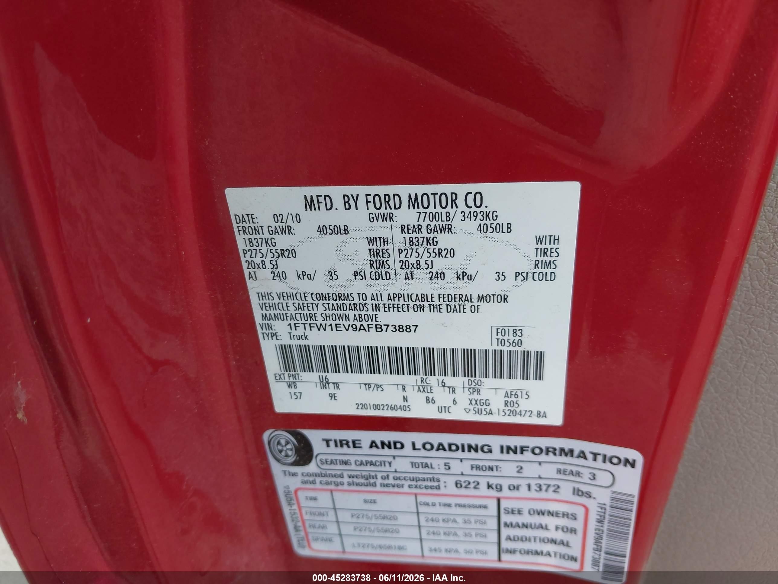 2010 Ford F-150 Fx4/harley-davidson/king Ranch/lariat/platinum/xl/xlt Red vin: 1FTFW1EV9AFB73887