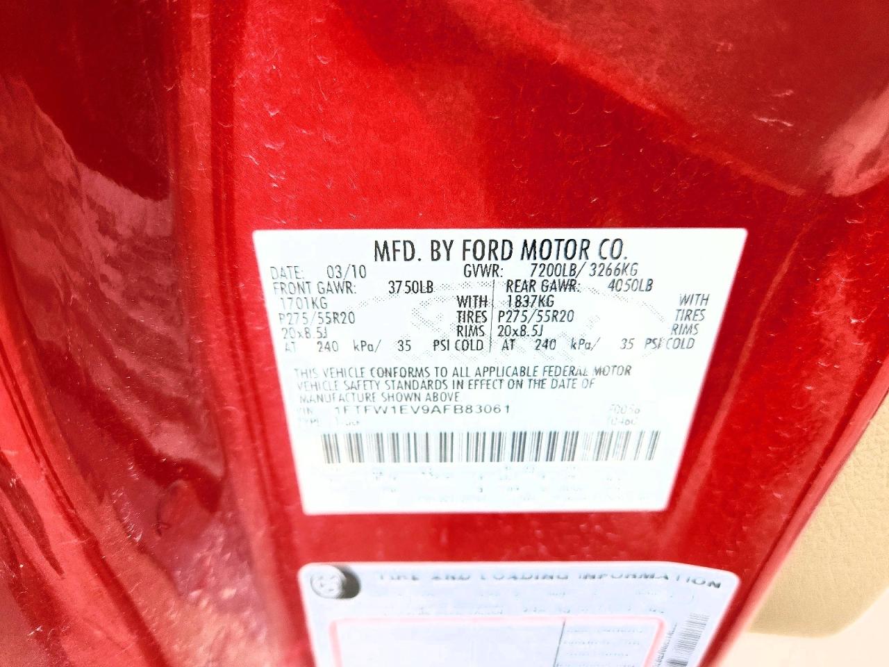 2010 Ford F150 Supercrew Red vin: 1FTFW1EV9AFB83061