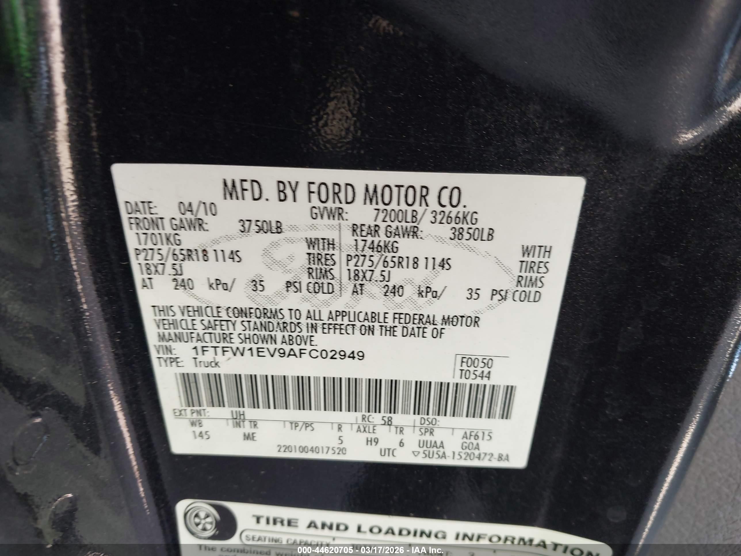 2010 Ford F-150 Fx4/harley-davidson/king Ranch/lariat/platinum/xl/xlt Black vin: 1FTFW1EV9AFC02949