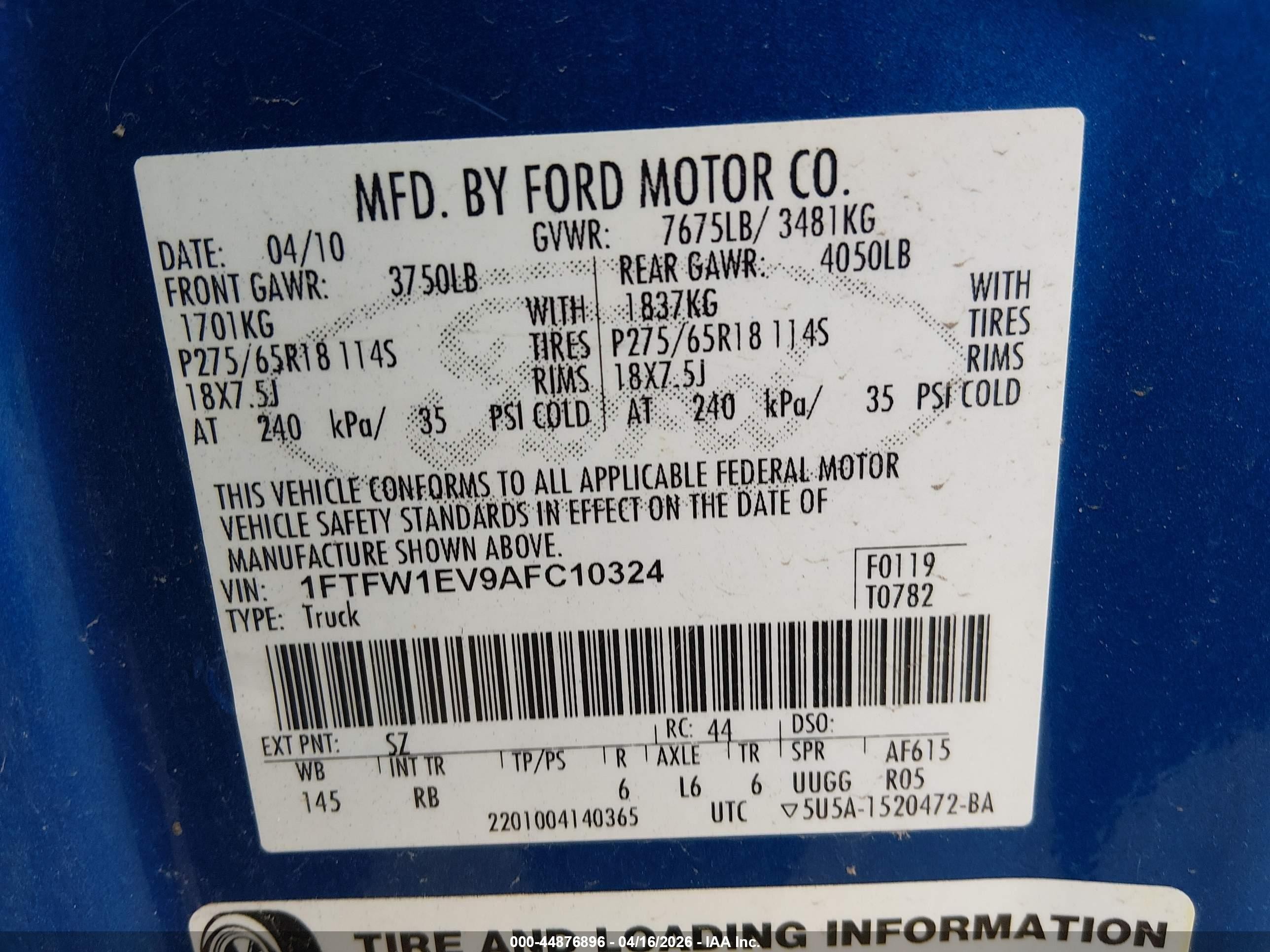 2010 Ford F-150   Blue vin: 1FTFW1EV9AFC10324