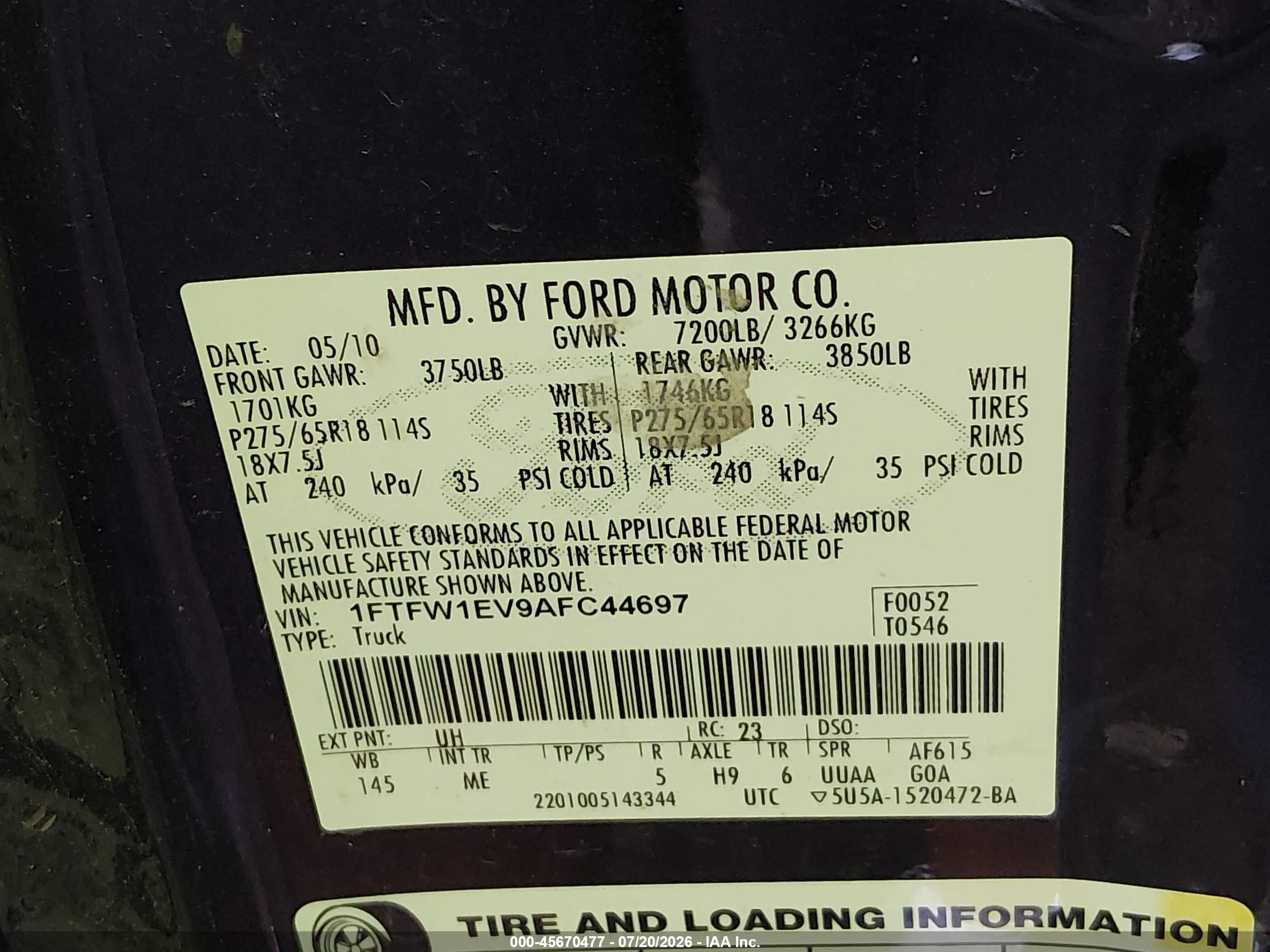 2010 Ford F-150 Fx4/harley-davidson/king Ranch/lariat/platinum/xl/xlt Black vin: 1FTFW1EV9AFC44697