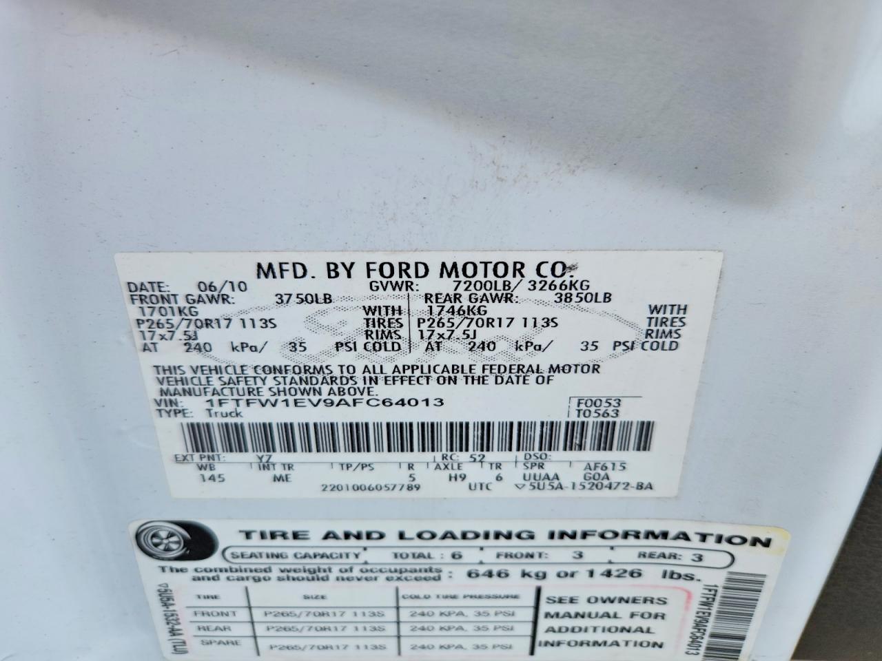 2010 Ford F150 Supercrew White vin: 1FTFW1EV9AFC64013