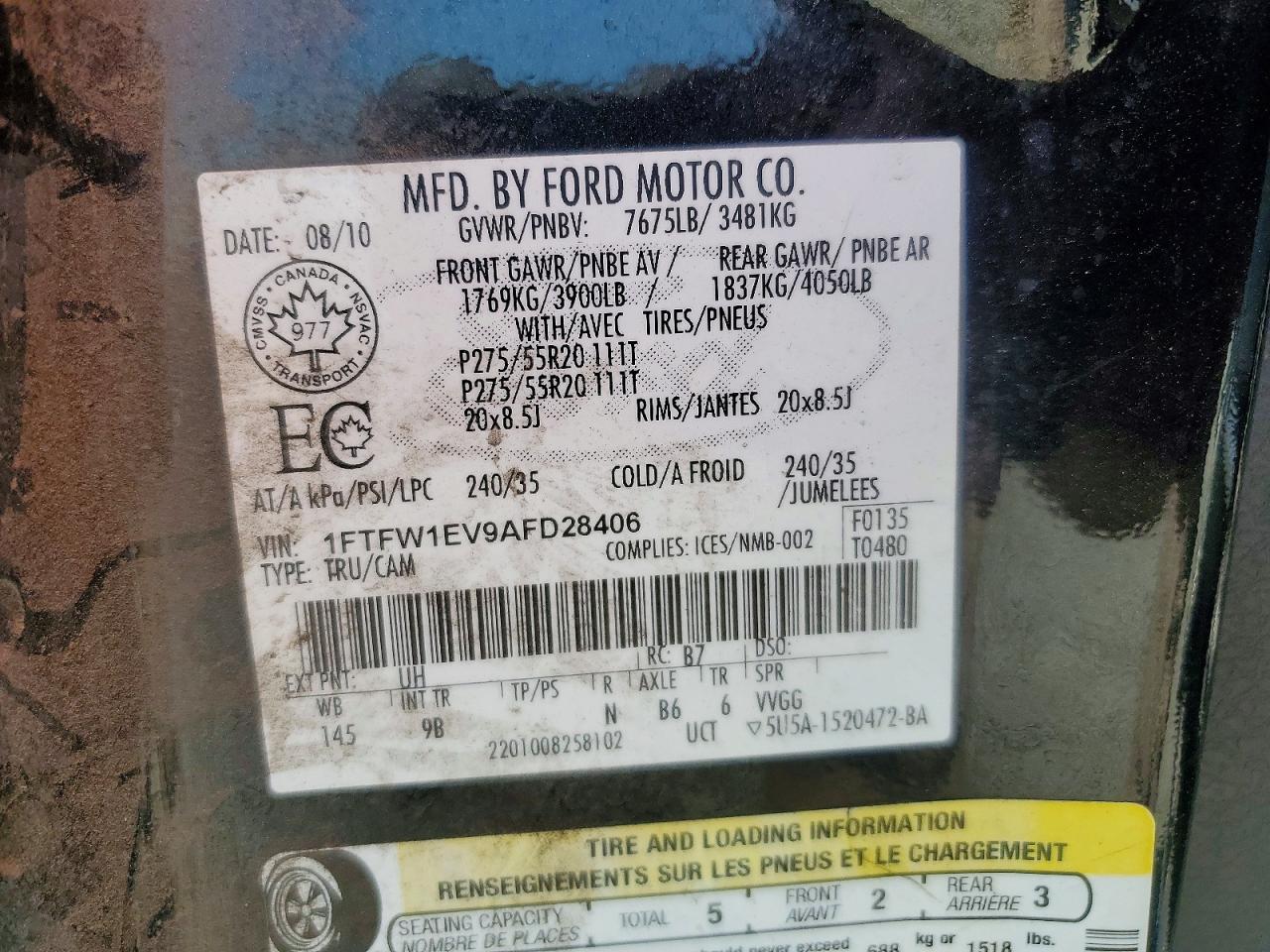 2010 Ford F150 Supercrew Black vin: 1FTFW1EV9AFD28406