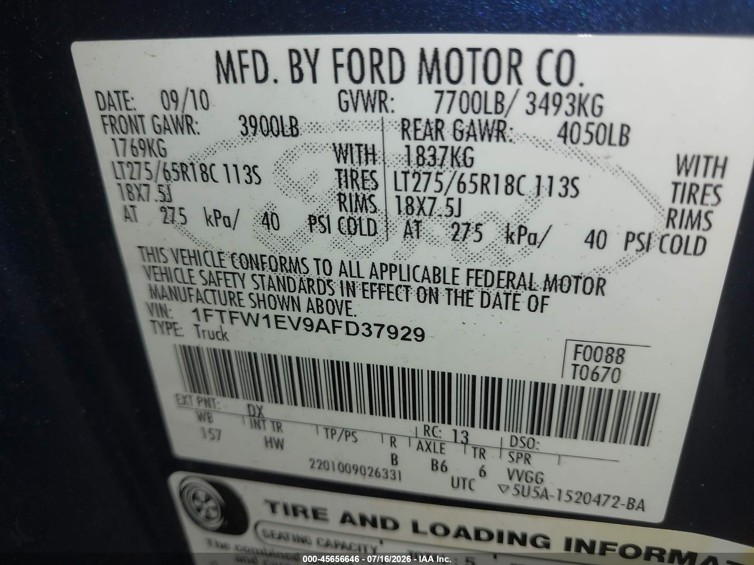2010 Ford F-150 Fx4/harley-davidson/king Ranch/lariat/platinum/xl/xlt Blue vin: 1FTFW1EV9AFD37929