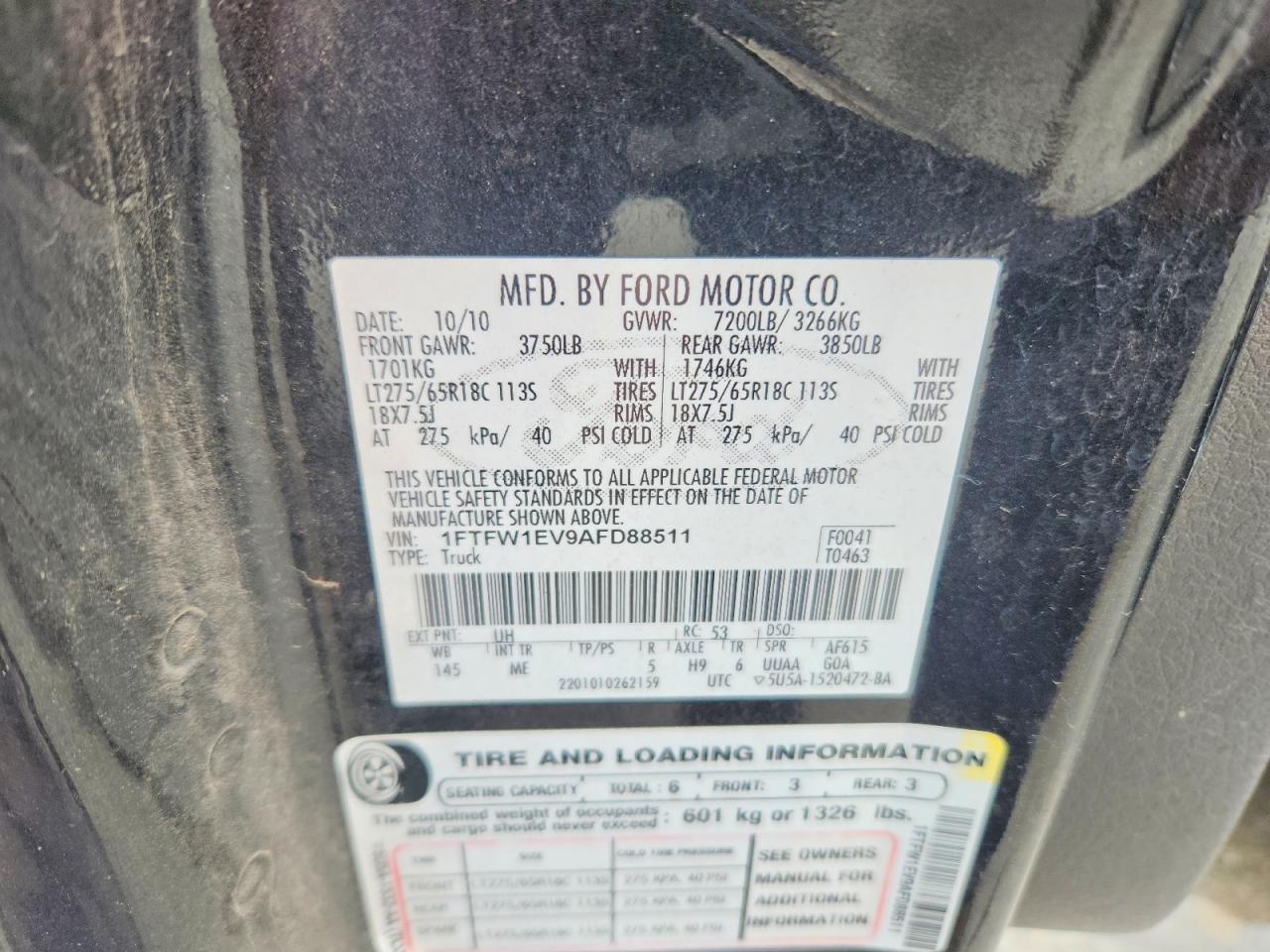 2010 Ford F150 Supercrew Black vin: 1FTFW1EV9AFD88511