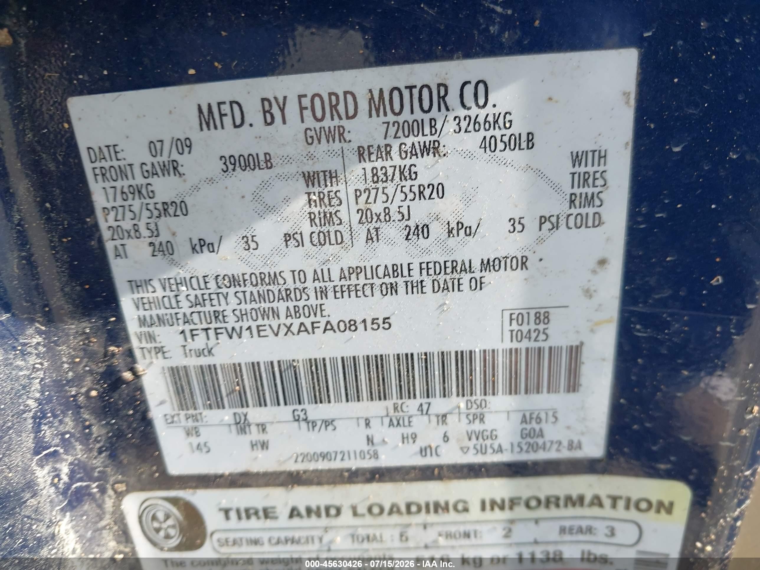 2010 Ford F-150 Fx4/harley-davidson/king Ranch/lariat/platinum/xl/xlt Синий vin: 1FTFW1EVXAFA08155