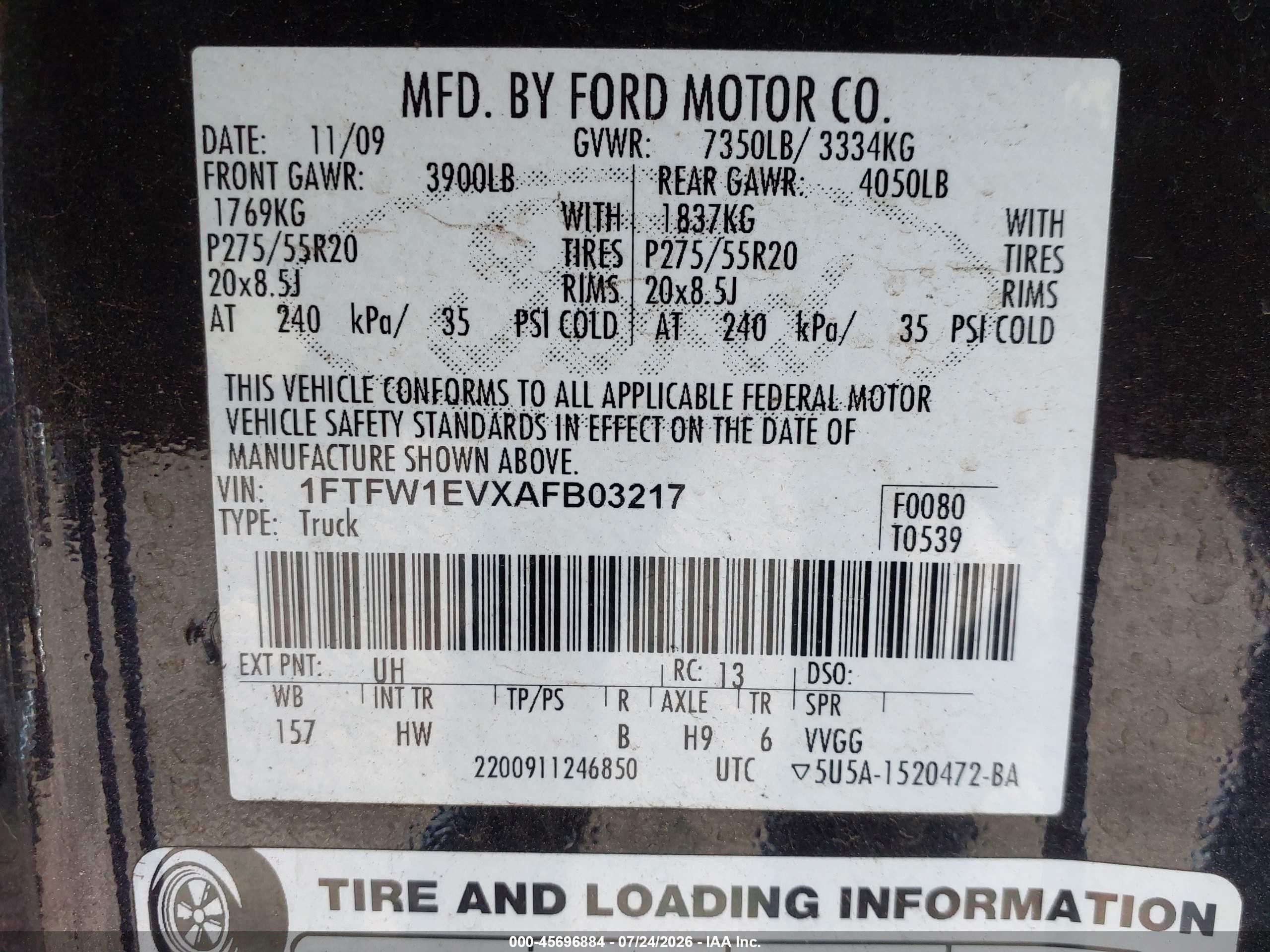 2010 Ford F-150 Fx4/harley-davidson/king Ranch/lariat/platinum/xl/xlt Black vin: 1FTFW1EVXAFB03217