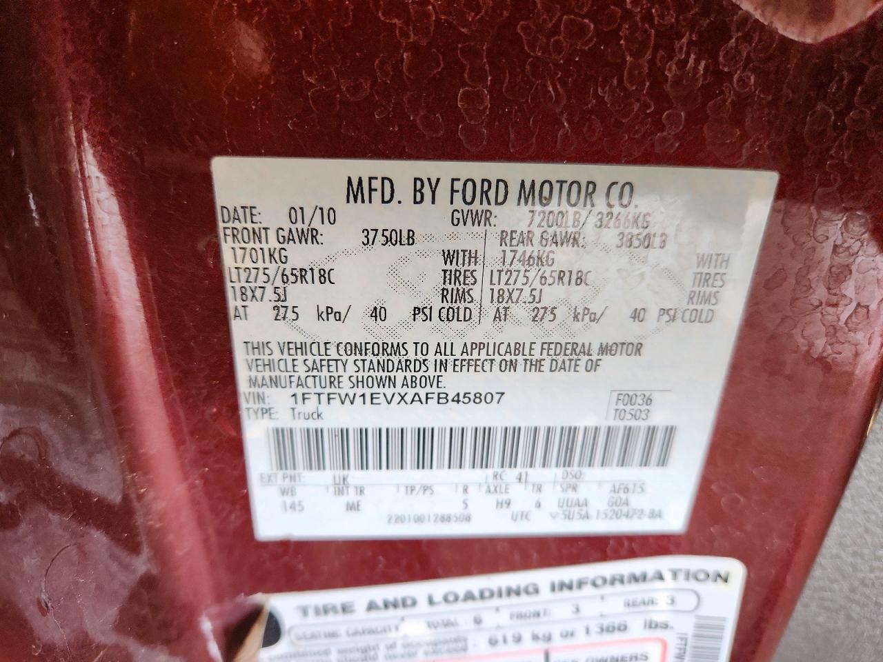 2010 Ford F150 Supercrew Burgundy vin: 1FTFW1EVXAFB45807