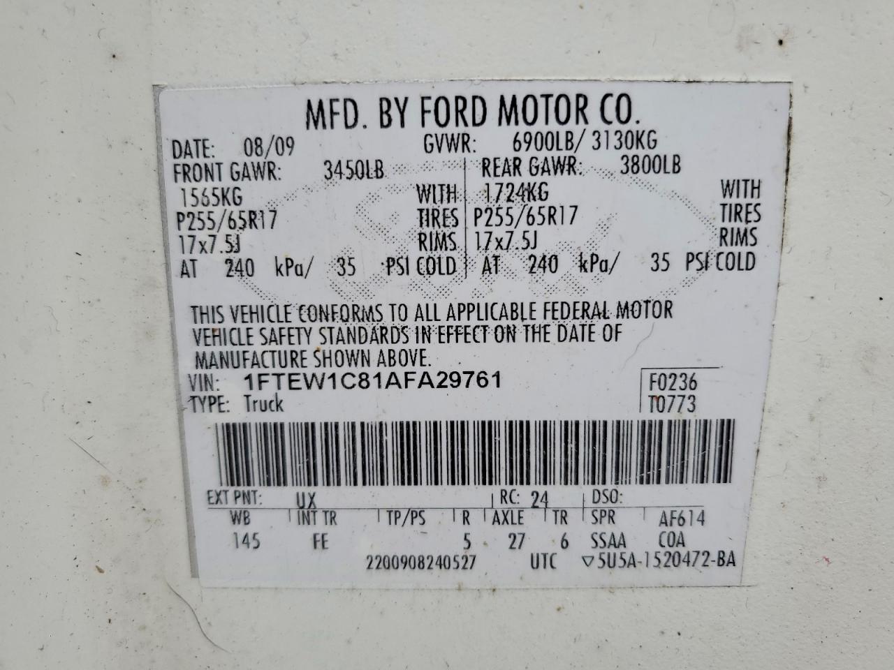 2010 Ford F150 Supercrew Белый vin: 1FTFW1EVXAFB95056