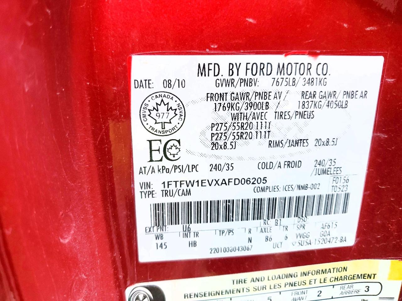 2010 Ford F150 Supercrew Red vin: 1FTFW1EVXAFD06205