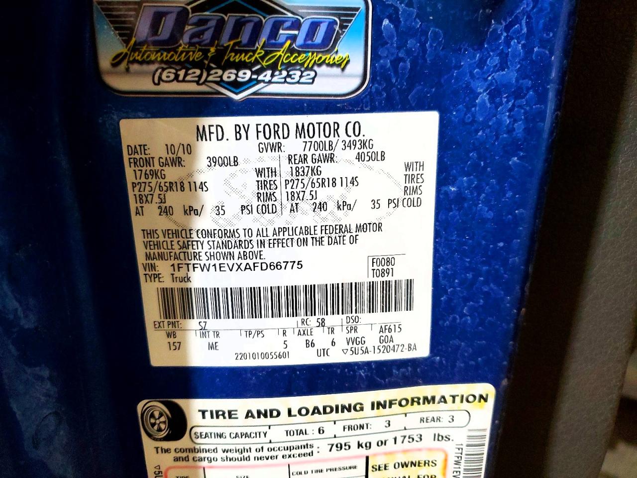 2010 Ford F150 Supercrew Blue vin: 1FTFW1EVXAFD66775