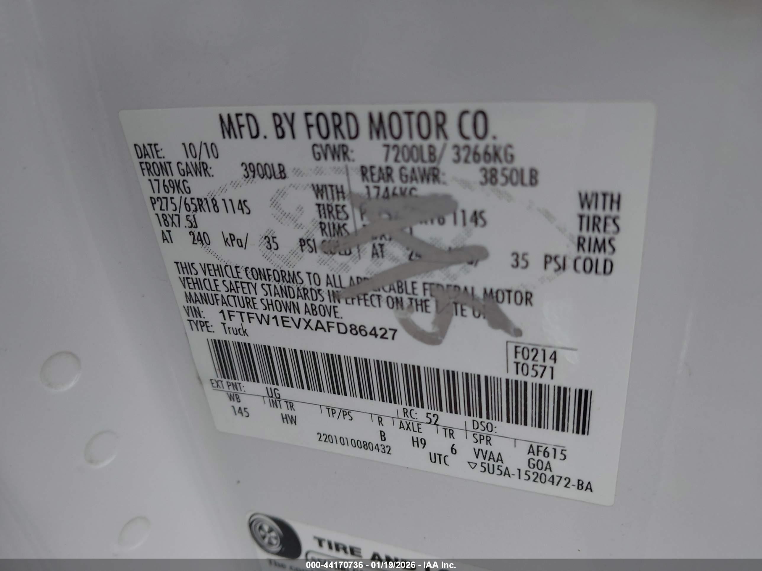 2010 Ford F-150 Lariat White vin: 1FTFW1EVXAFD86427
