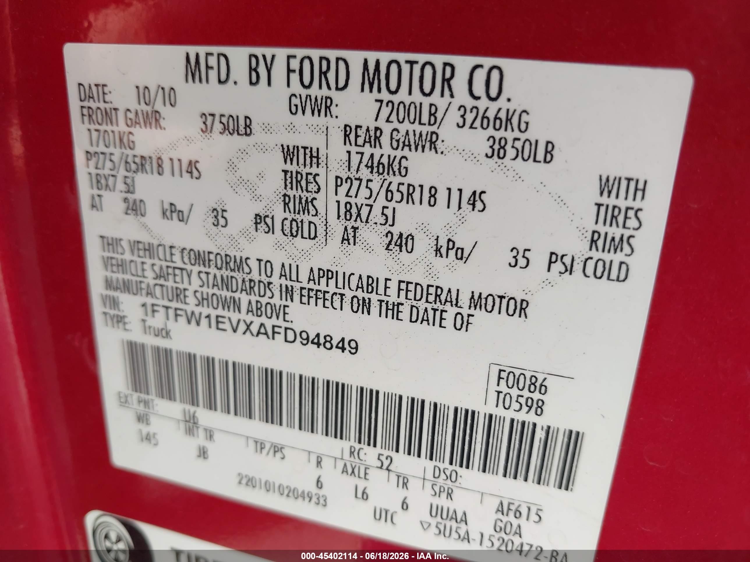 2010 Ford F-150 Fx4/harley-davidson/king Ranch/lariat/platinum/xl/xlt Red vin: 1FTFW1EVXAFD94849