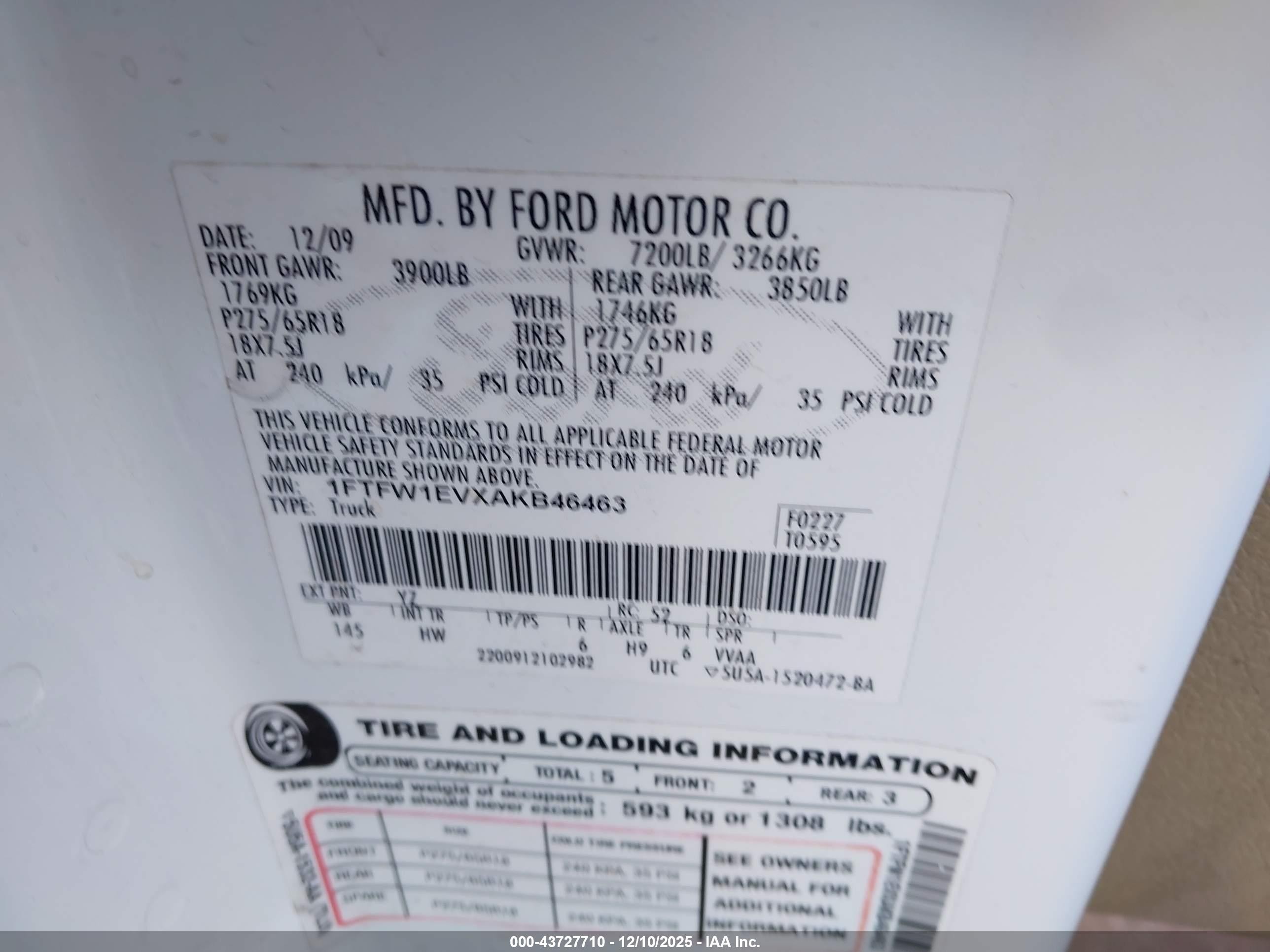 2010 Ford F-150 Fx4/harley-davidson/king Ranch/lariat/platinum/xl/xlt White vin: 1FTFW1EVXAKB46463